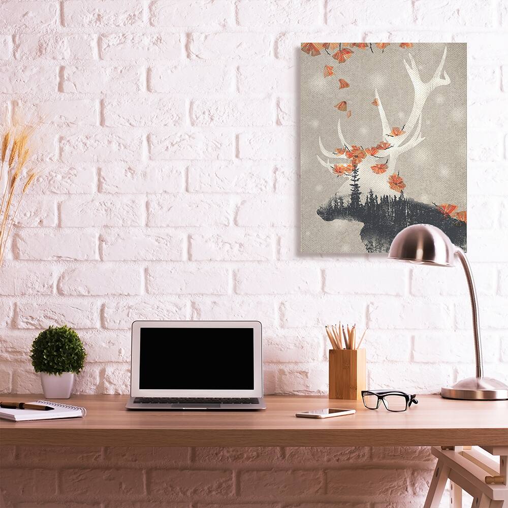 Stupell Industries Tree Forest Elk Silhouette Orange Florals Canvas Wall Art