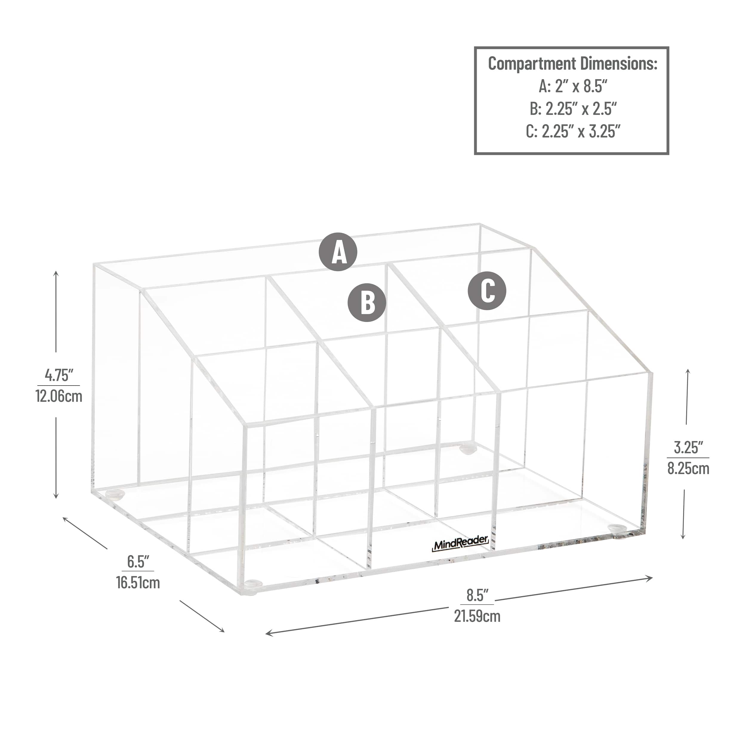 Mind Reader Desktop Organizer, 7-compartment, Office Essentials, Modern, Office, Acrylic, 8.5"L x 6.5"W x 4.75"H, Clear