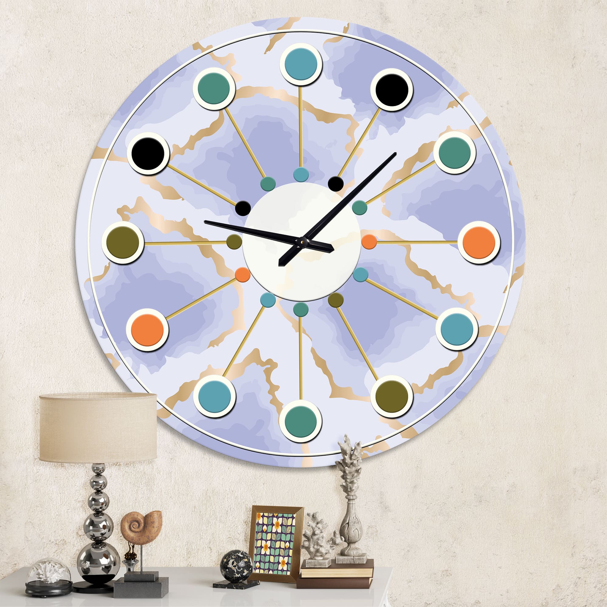 Designart 'Pastel Blue And Gold Abstract Shapes Pattern Mid-Century Modern Wall Clock