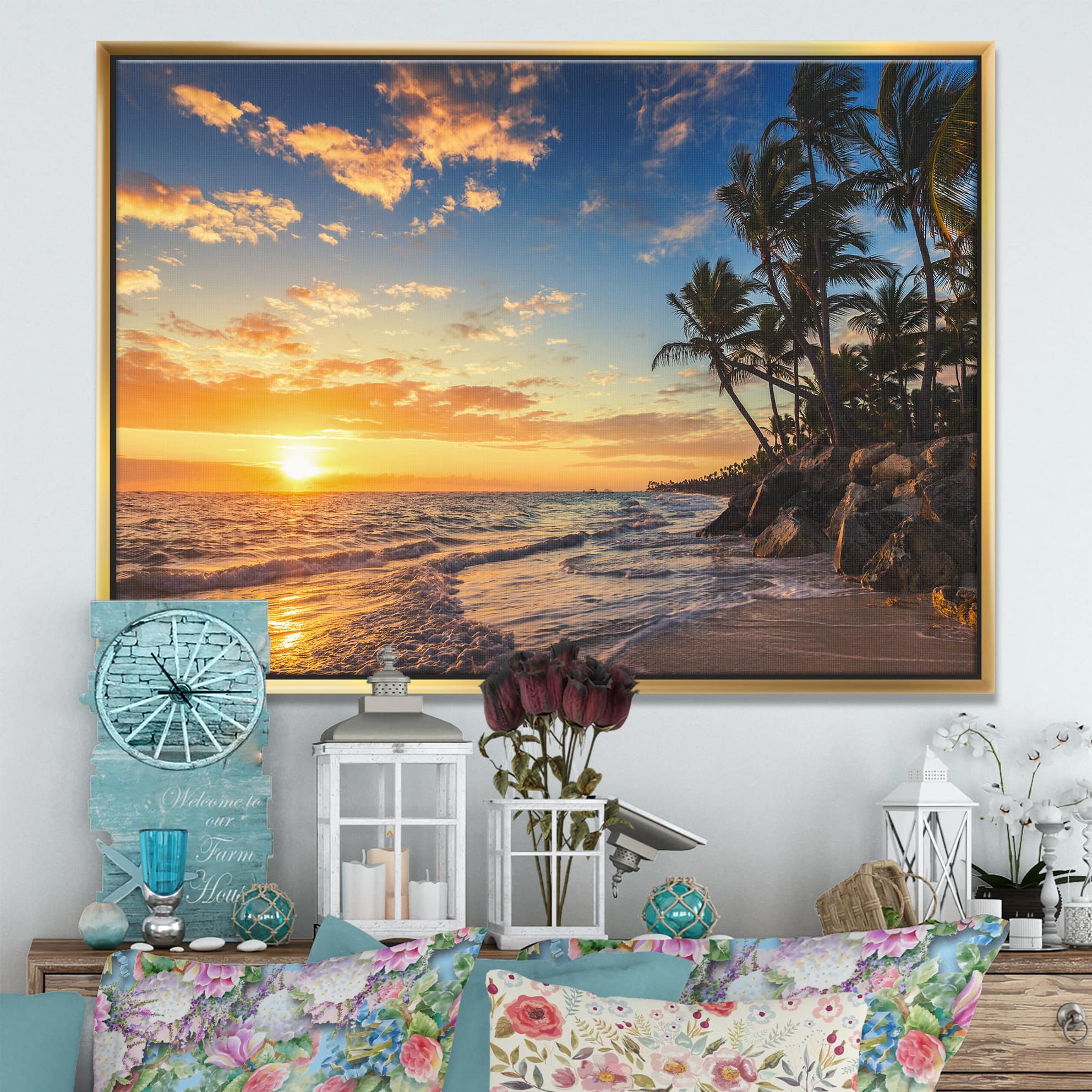 Designart - Paradise Tropical Island Beach with Palms - Extra Large Seascape Art Framed Canvas