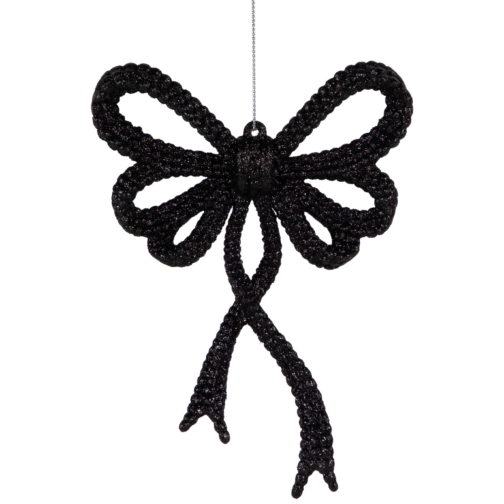 Set of 4 Black Glitter Bowtie Christmas Ornaments 6"