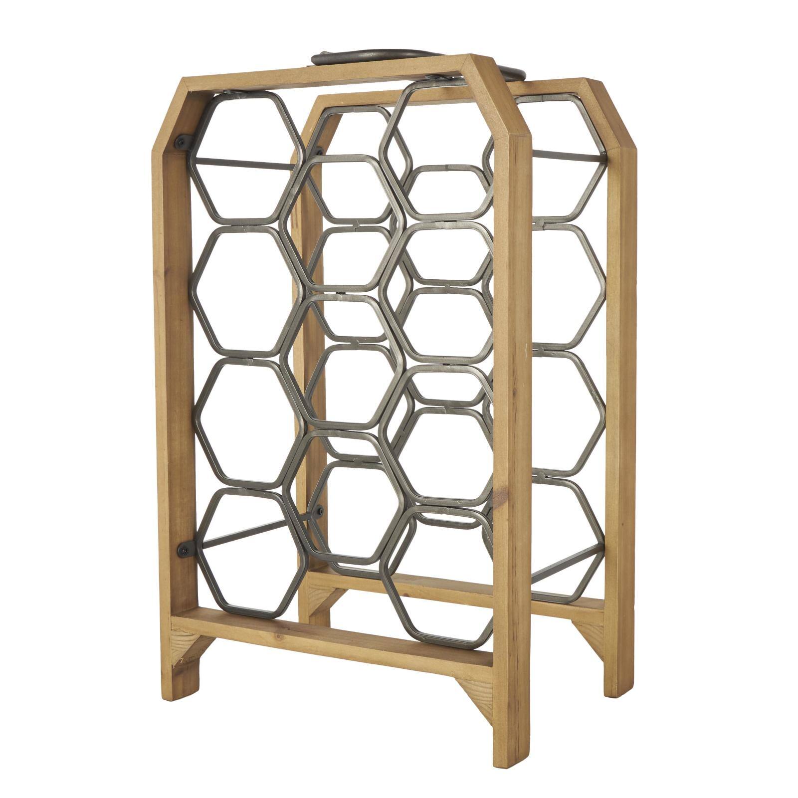 12" x 9" x 20" Brown Geometric 11 Slot Wooden Wine Rack with Gray Metal Curved Teardrop Holders