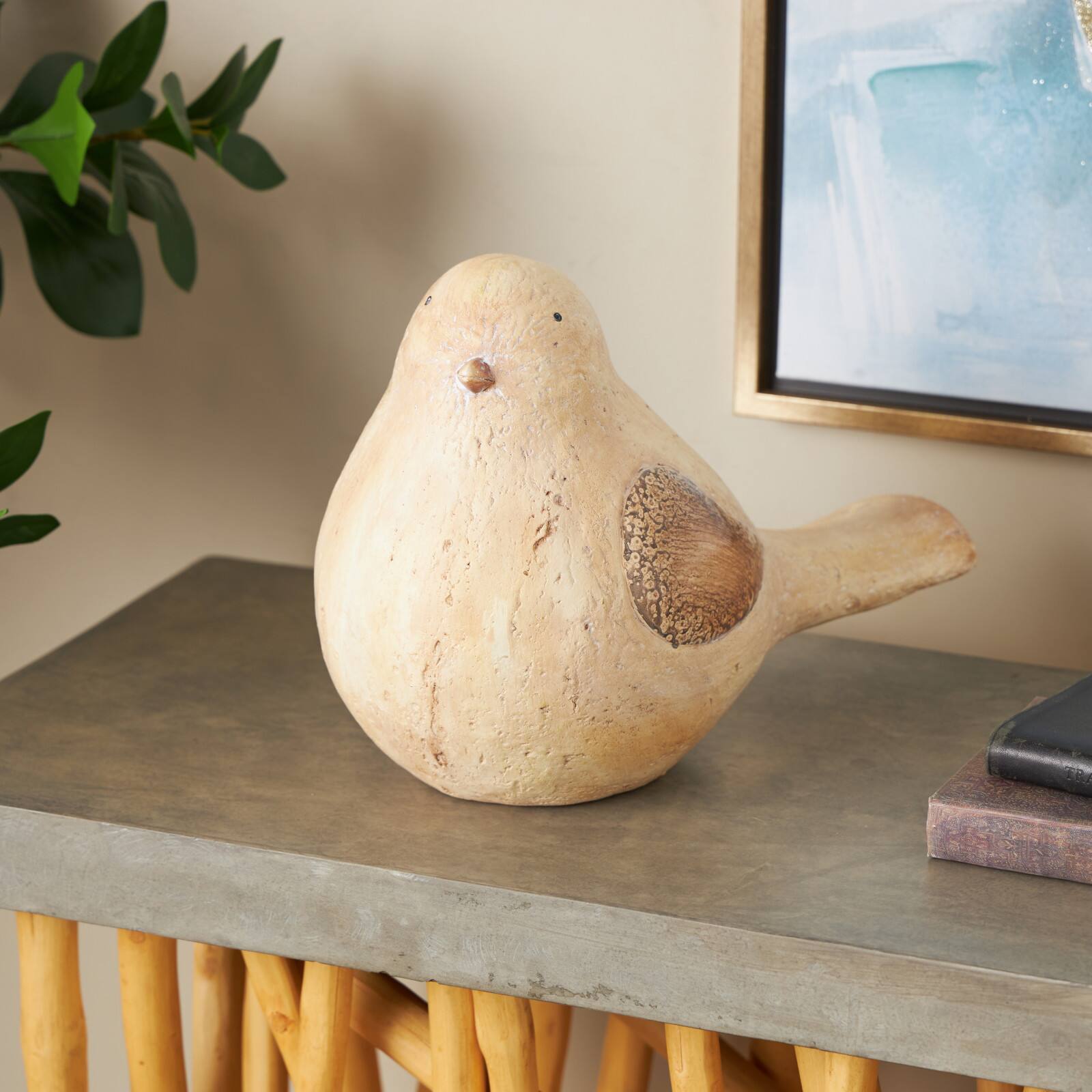 9.25" Cream & Brown Magnesium Oxide Bird Sitting Garden Sculpture