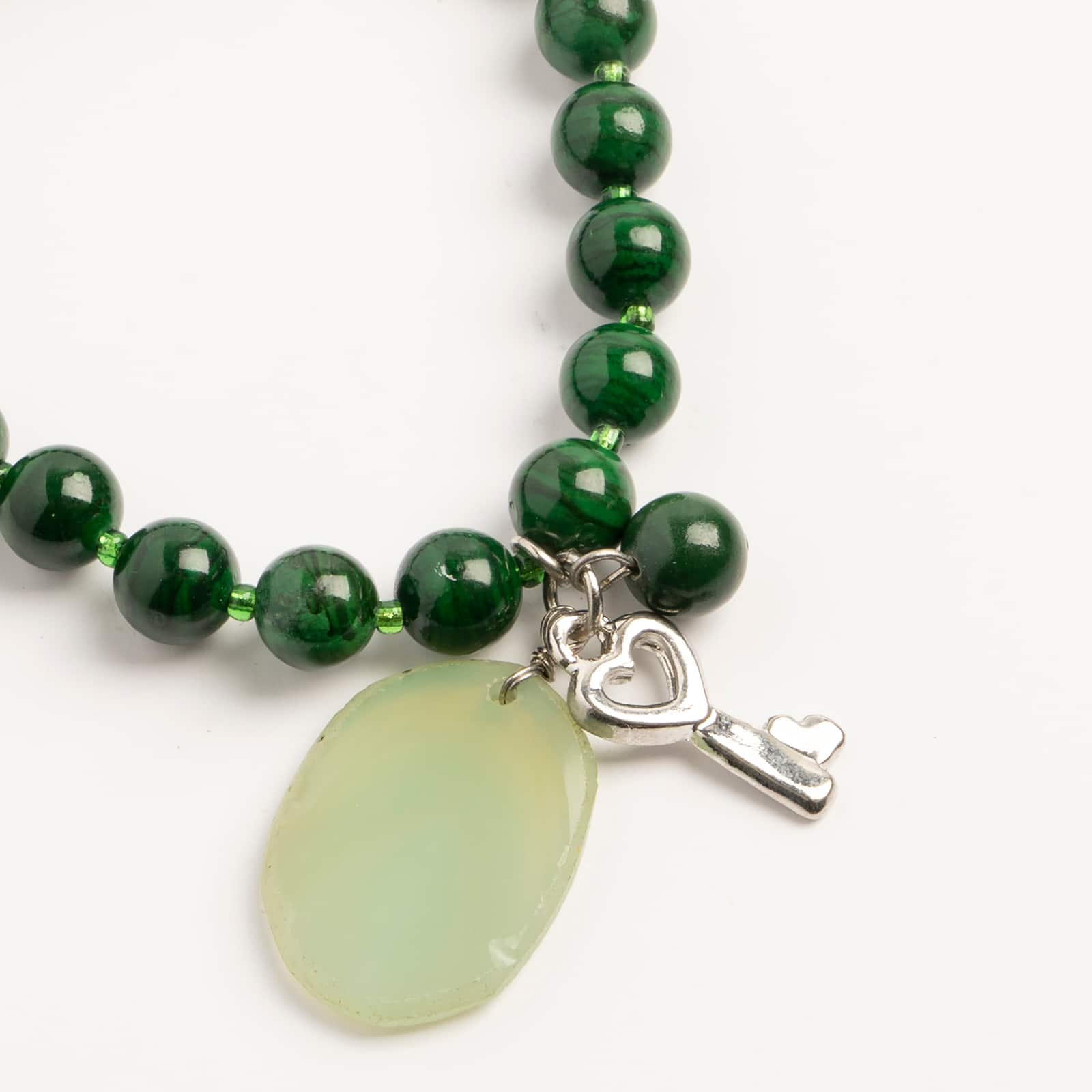 John Bead Malachite Natural Stone Stretch Bracelet with Agate & Key Charm