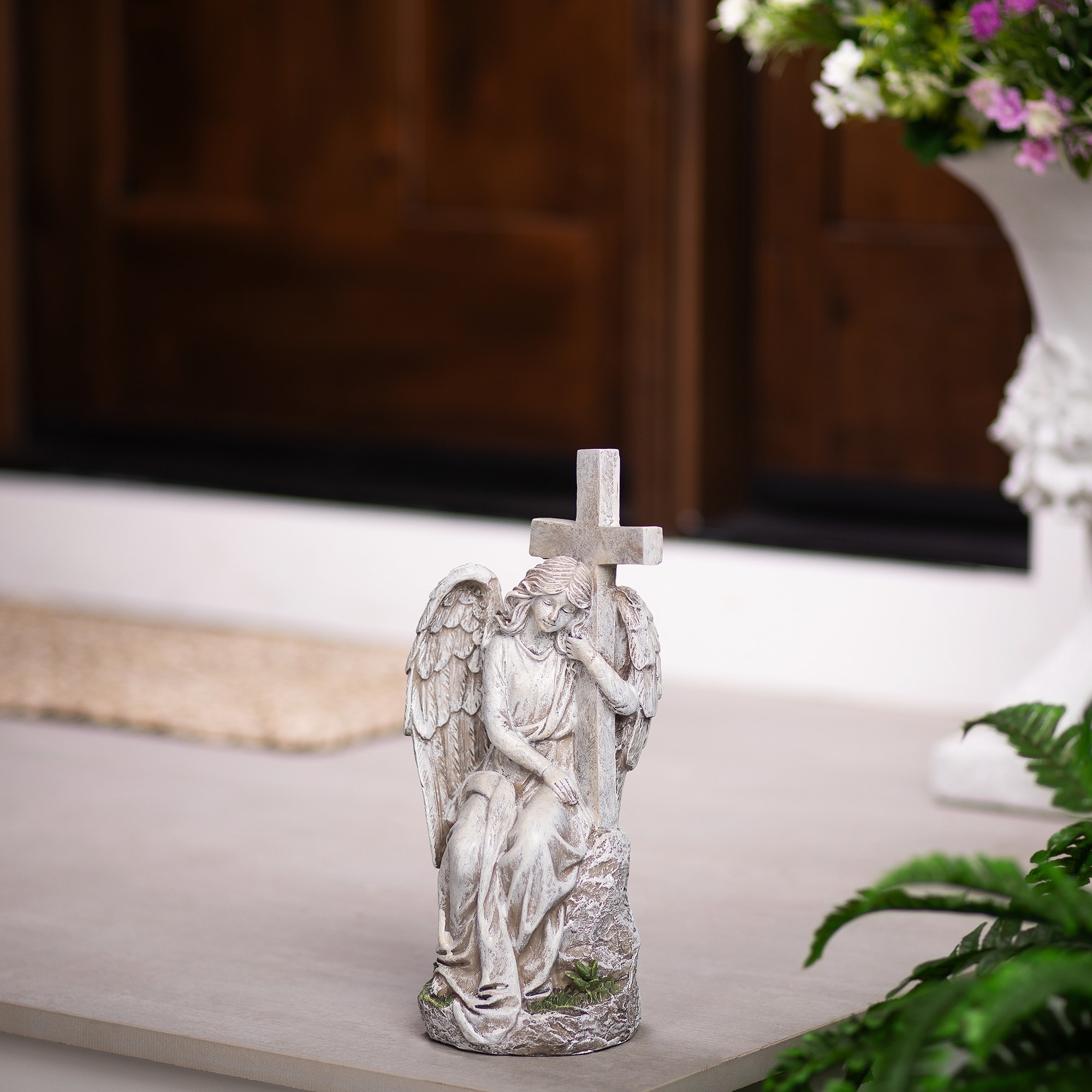 Angel With Cross Memorial Statue - 13"