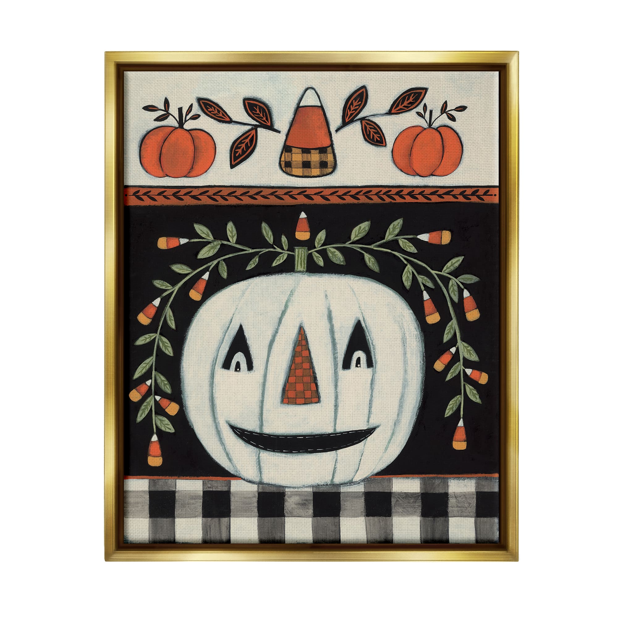 Stupell Industries Fall Jack-o-Lantern Tartan Pattern Framed Floater Canvas Wall Art