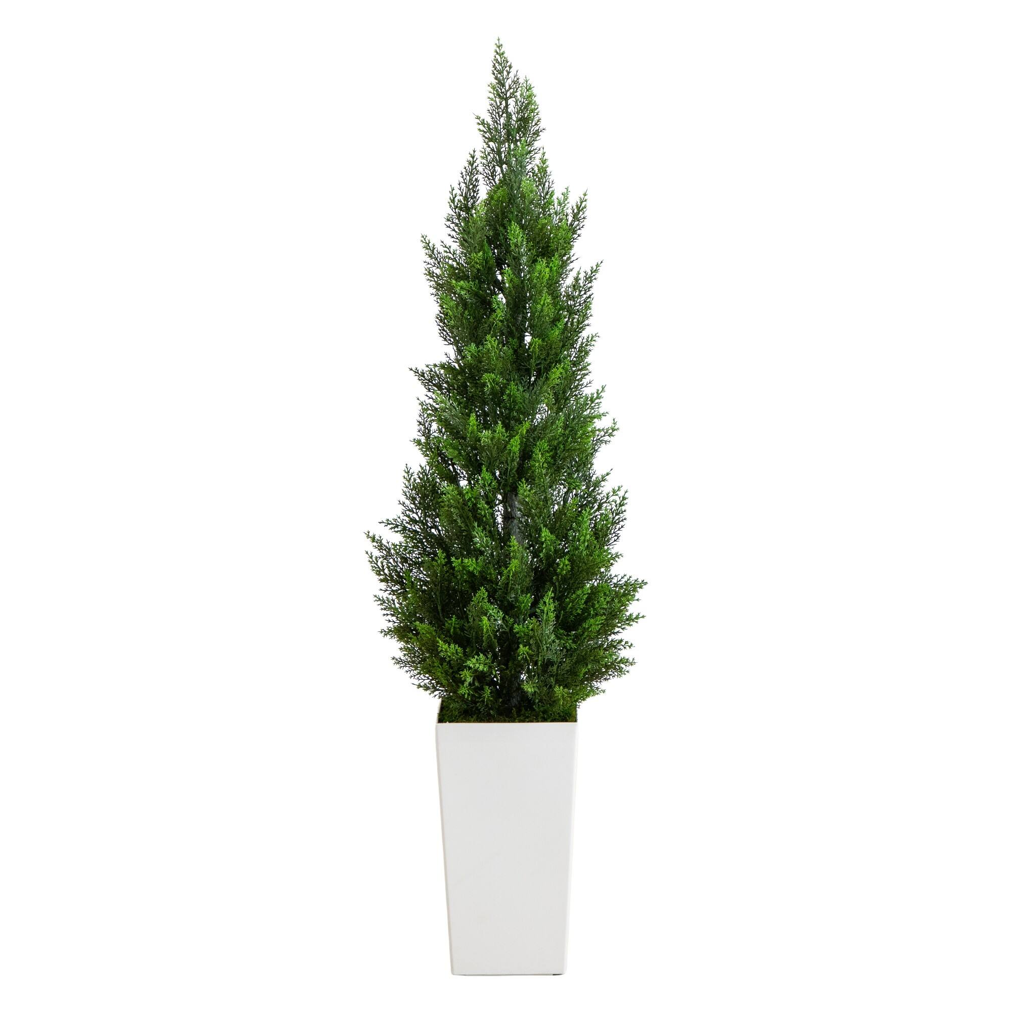 56" UV Resistant Artificial Cedar Tree in White Tower Planter (Indoor/Outdoor)