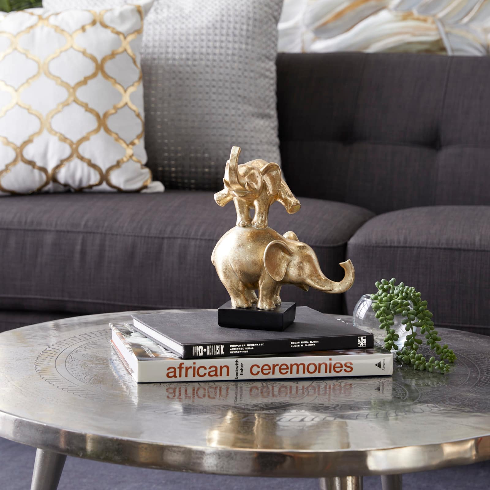 Gold Polystone Contemporary Elephant Sculpture, 10" x 8" x 6"