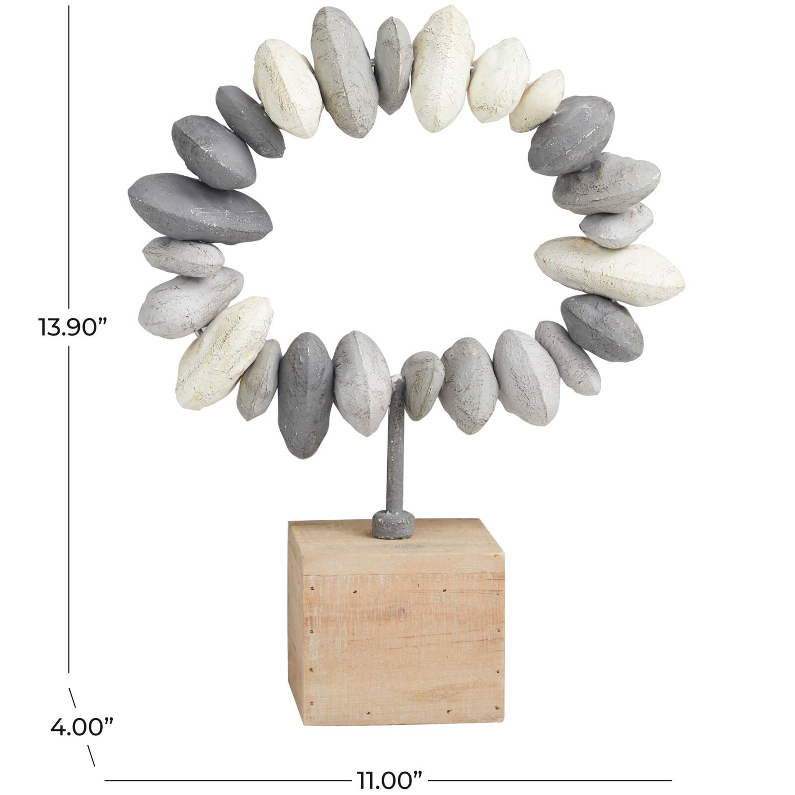 14" Gray Metal Circular Stone Abstract Sculpture with Brown Wooden Base