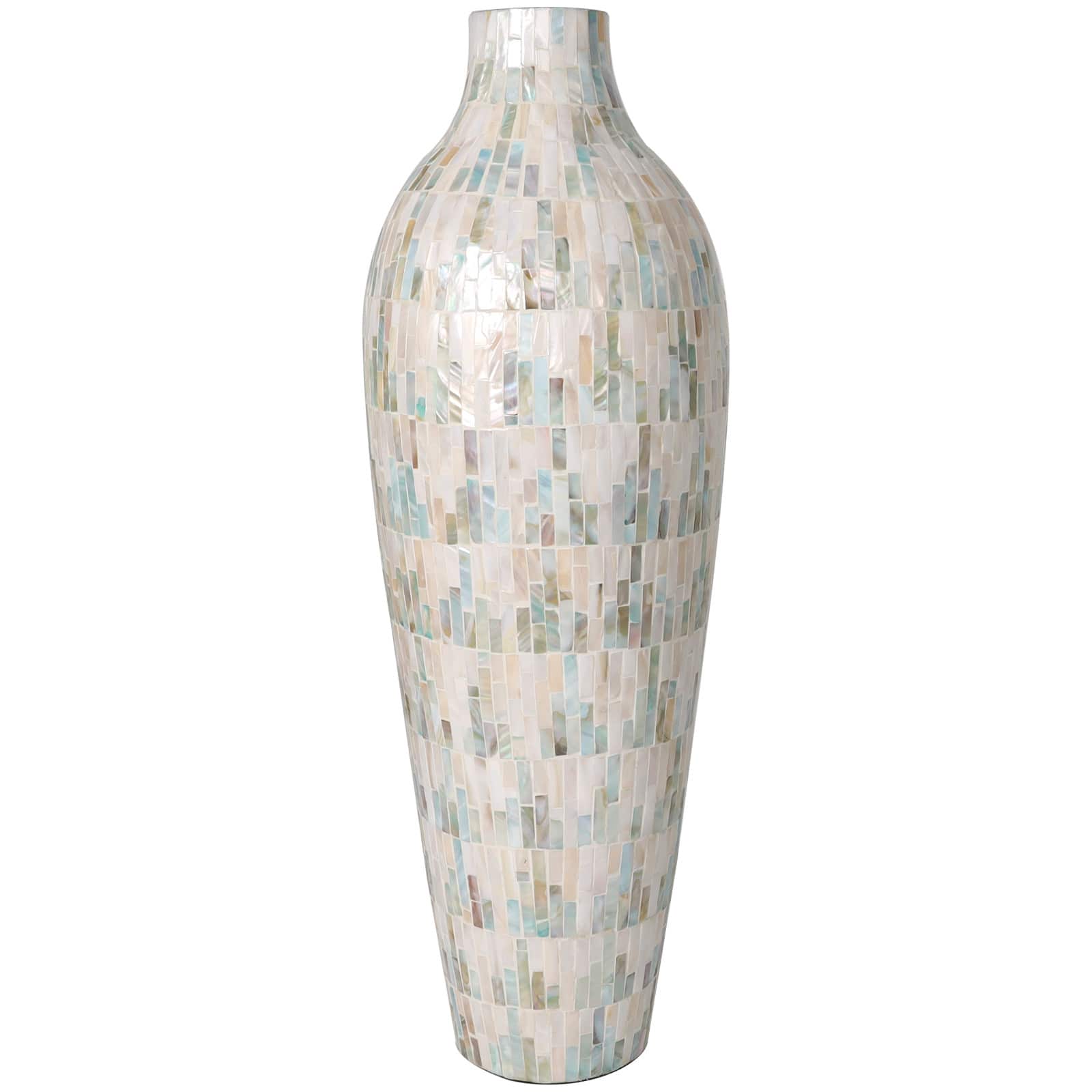 28" White Mother of Pearl Handmade Mosaic Inspired Vase with Pastel Blue & Pink Accents