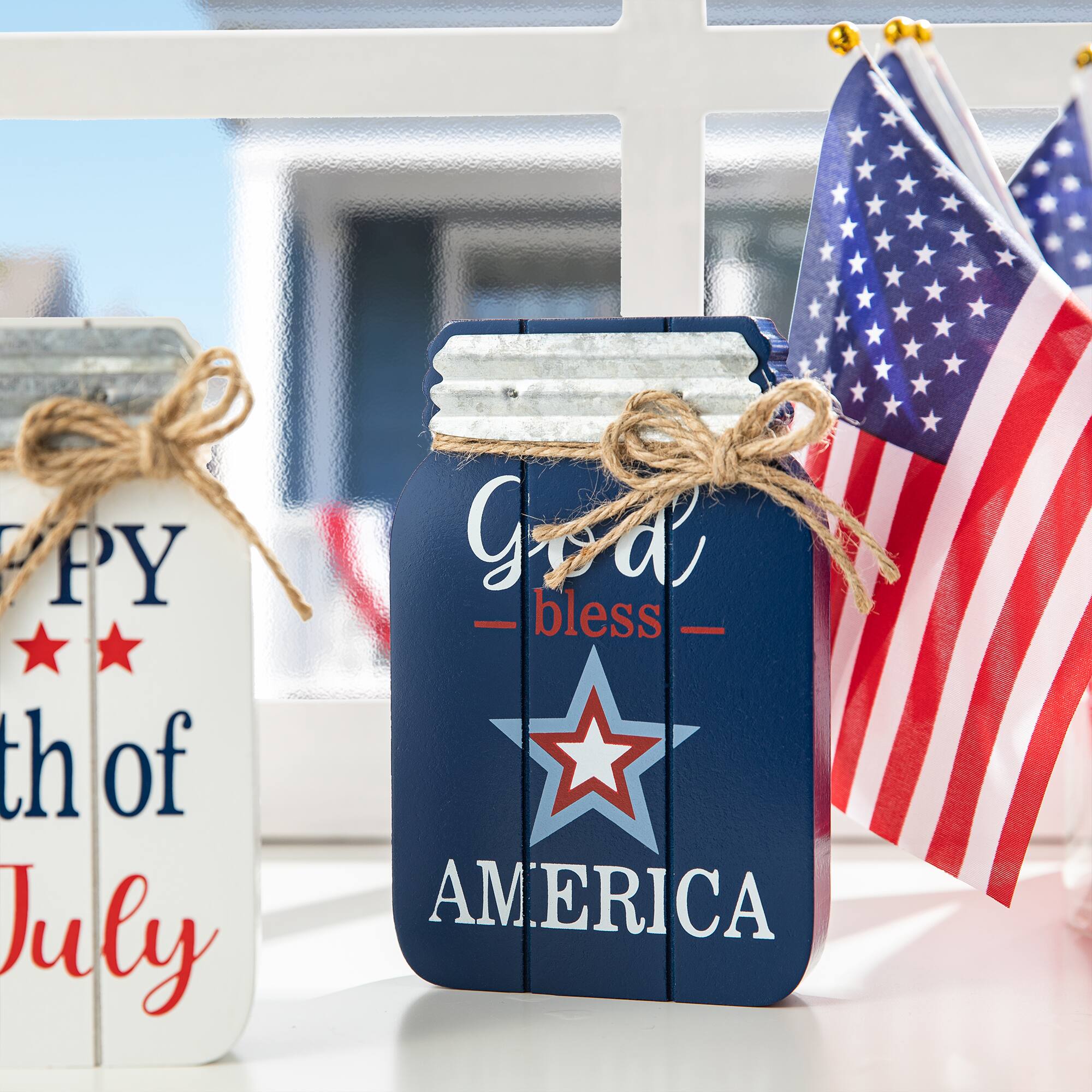 Glitzhome® 7" Patriotic Americana Mason Jar Tabletop Jar Décor Set
