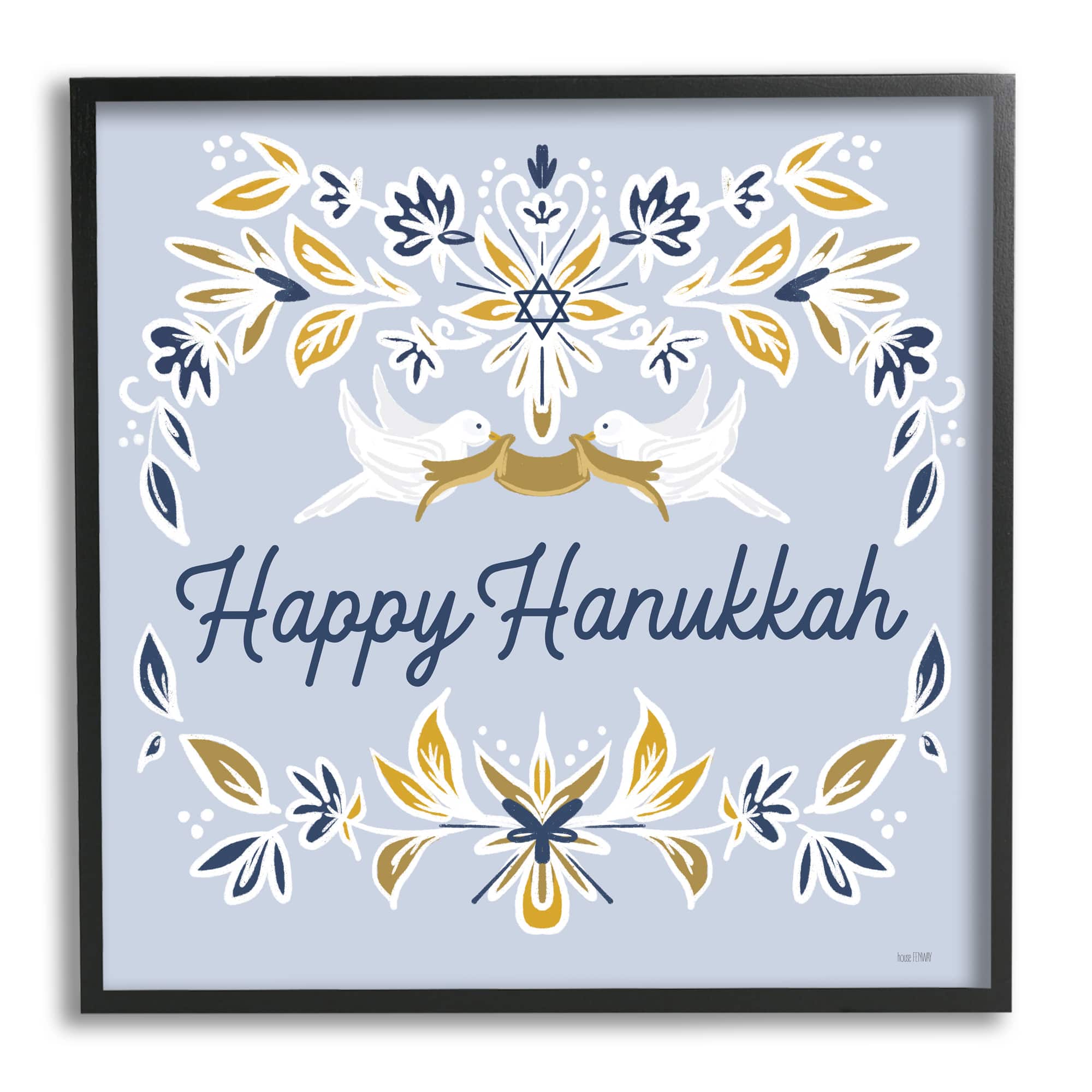 Stupell Industries Happy Hanukkah Floral Doves Banner Framed Giclee Art