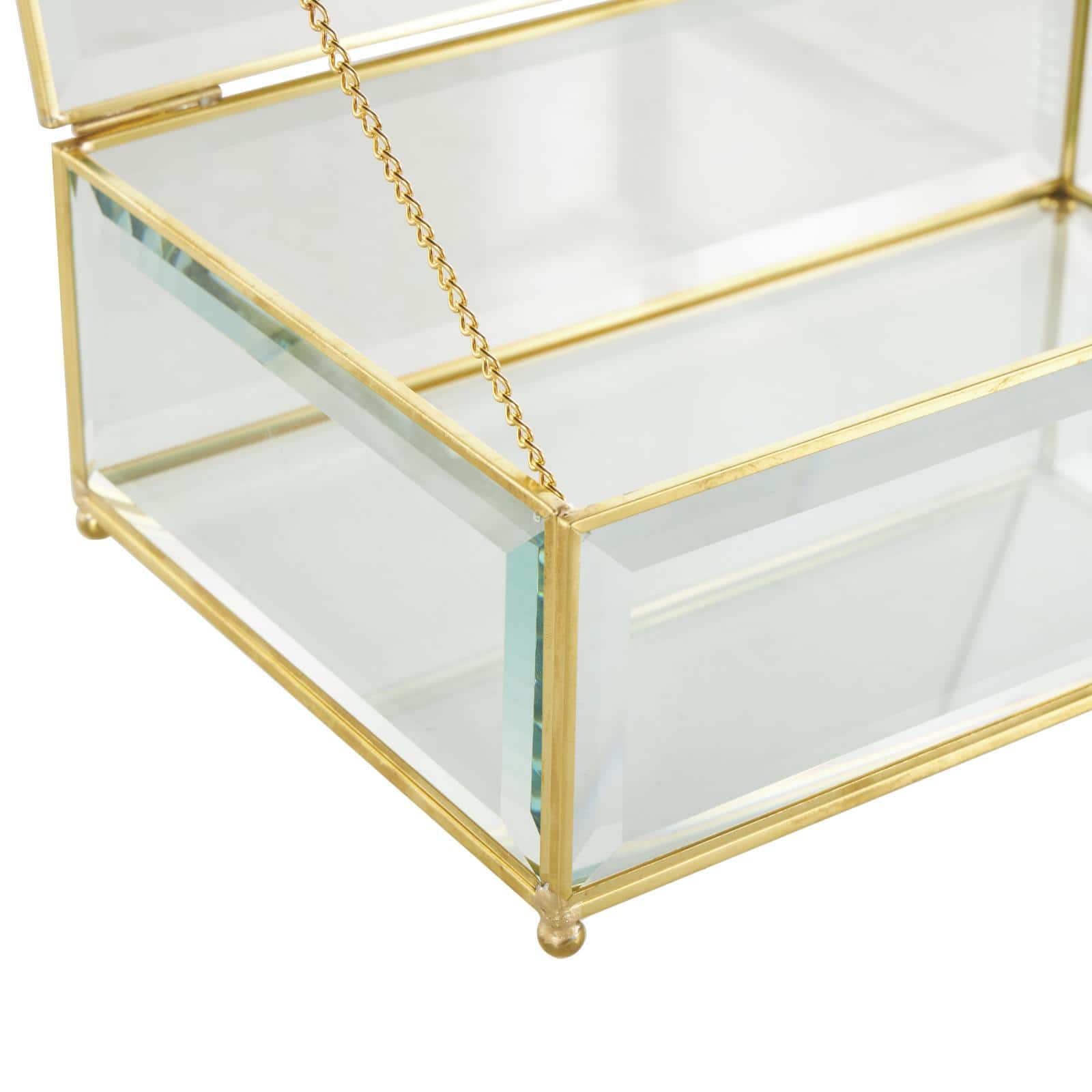 Clear & Gold Beveled Glass & Metal Rectangle Footed Jewelry Box with Chain Accent Set