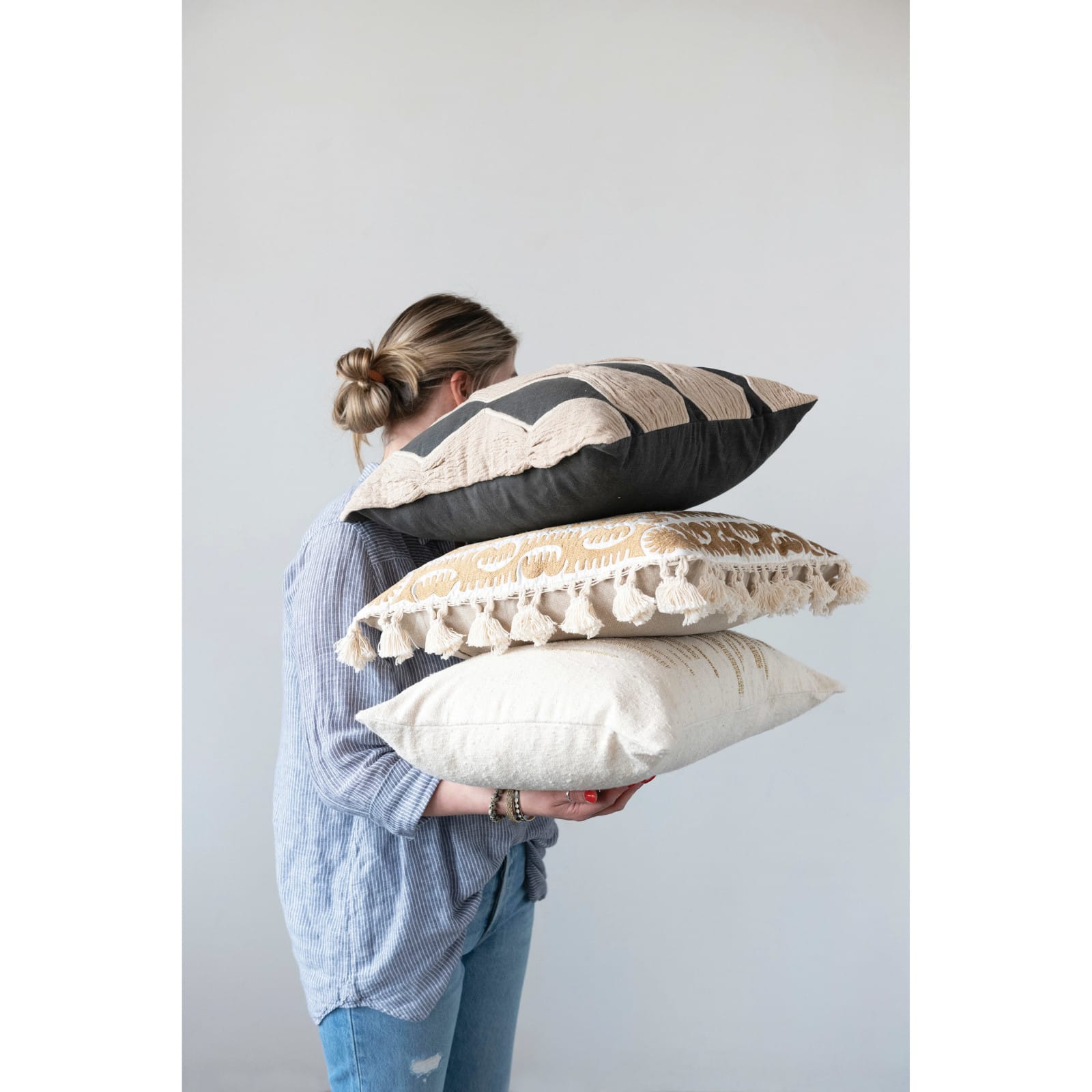 Hello Honey® Charcoal & Tan Applique & Diamond Pattern Cotton Pillow