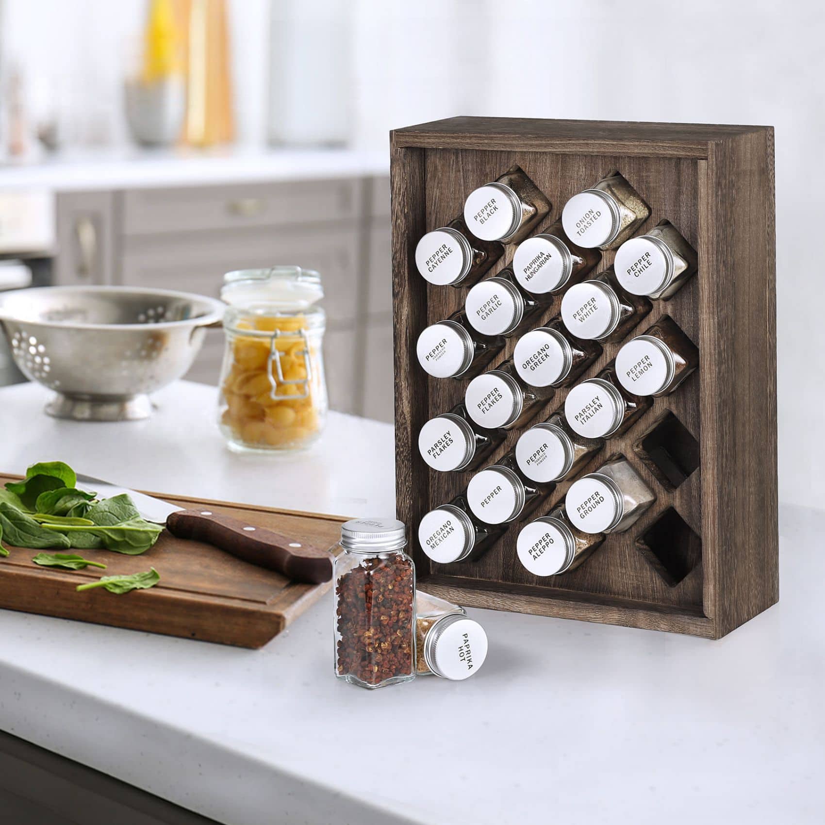 Freestanding Countertop Spice Shelf Holder with 20 Glass Jars