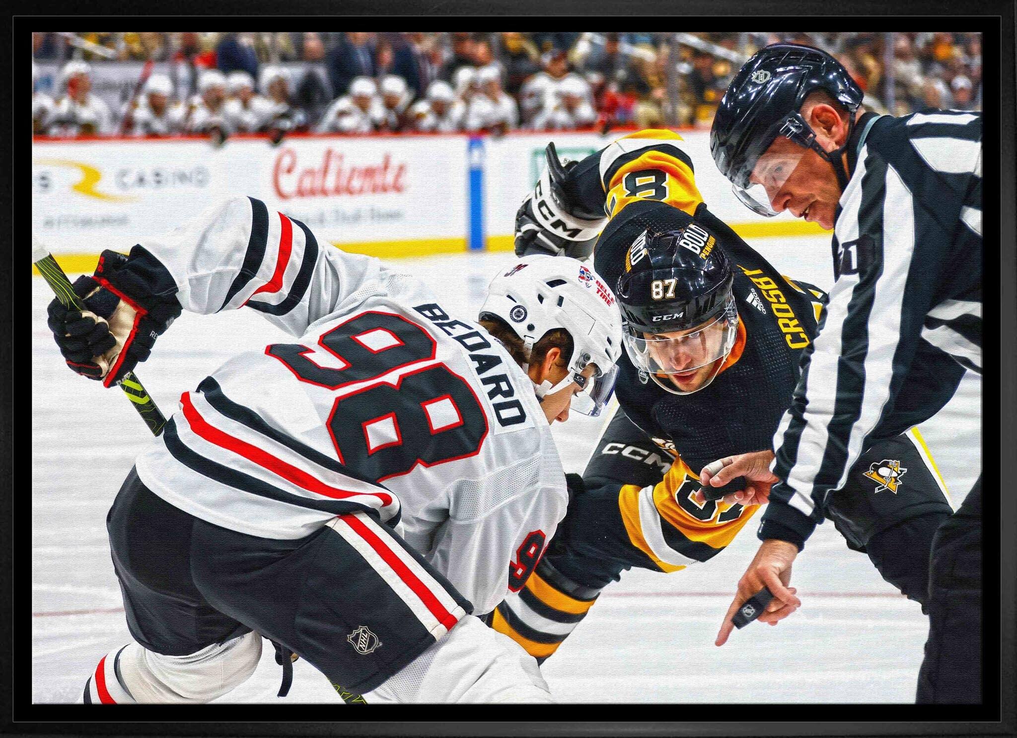 Connor Bedard 20" x 29" Framed Canvas Blackhawks vs Crosby 31.5" x 22.5"