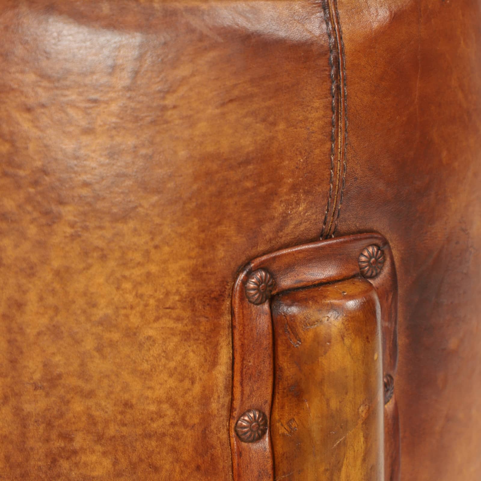 20" Brown Leather & Teak Traditional Stool