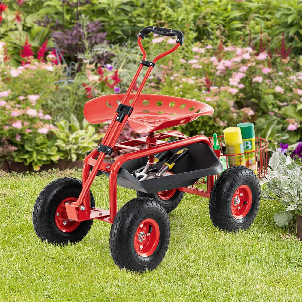 Costway Garden Cart Patio Wagon Roll Work Seat with Tray Basket Extendable Handle