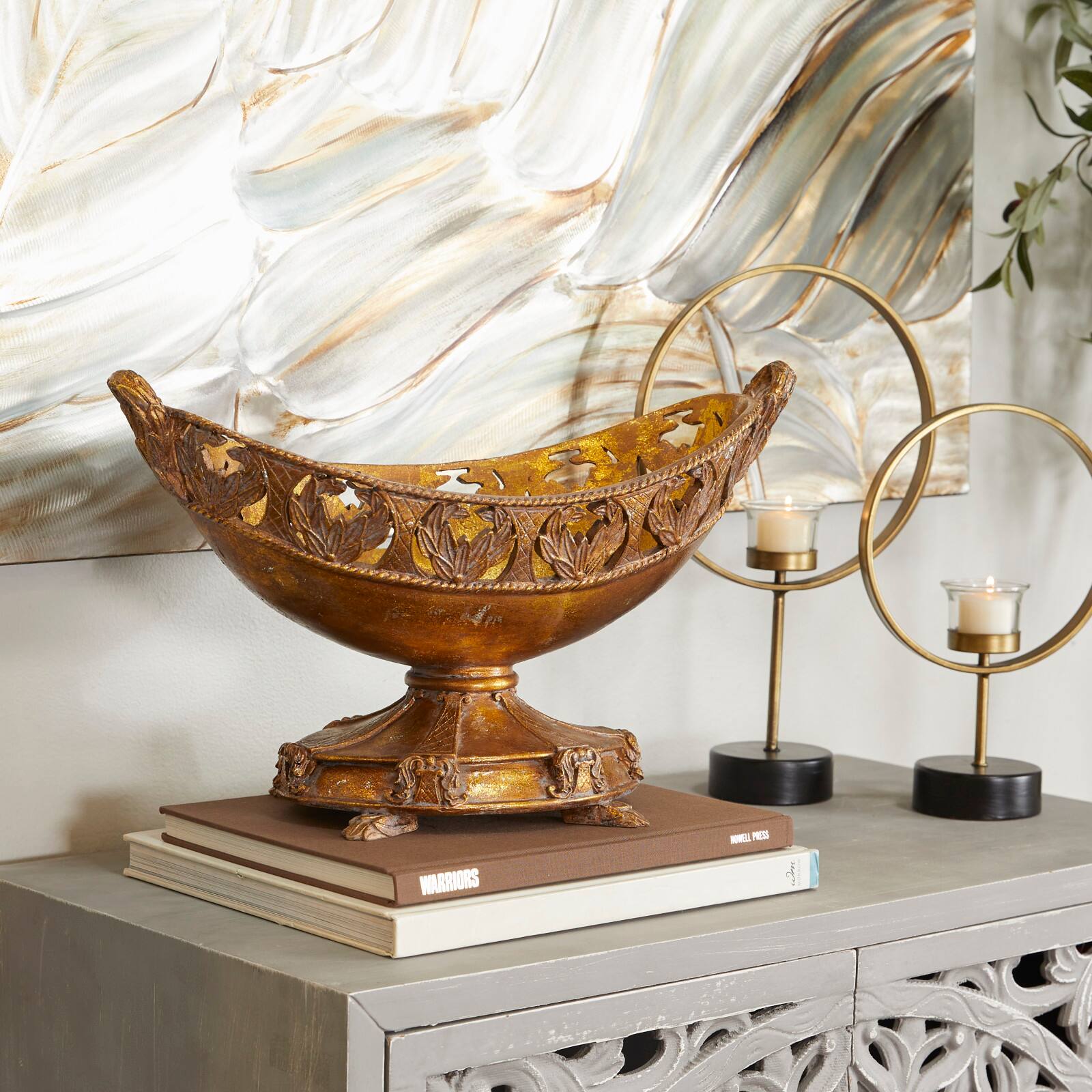 Bronze Polystone Traditional Decorative Bowl, 11" x 18" x 8"