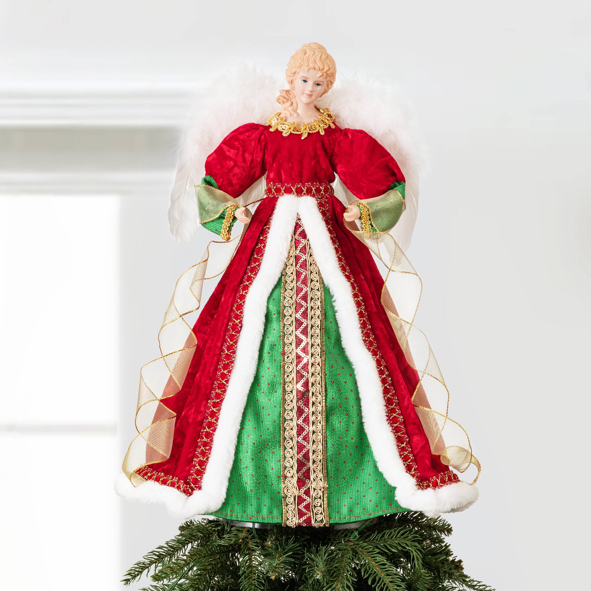 Glitzhome® 18" Faux Fur & PVC Traditional Christmas Angel Tree Topper with Porcelain Face
