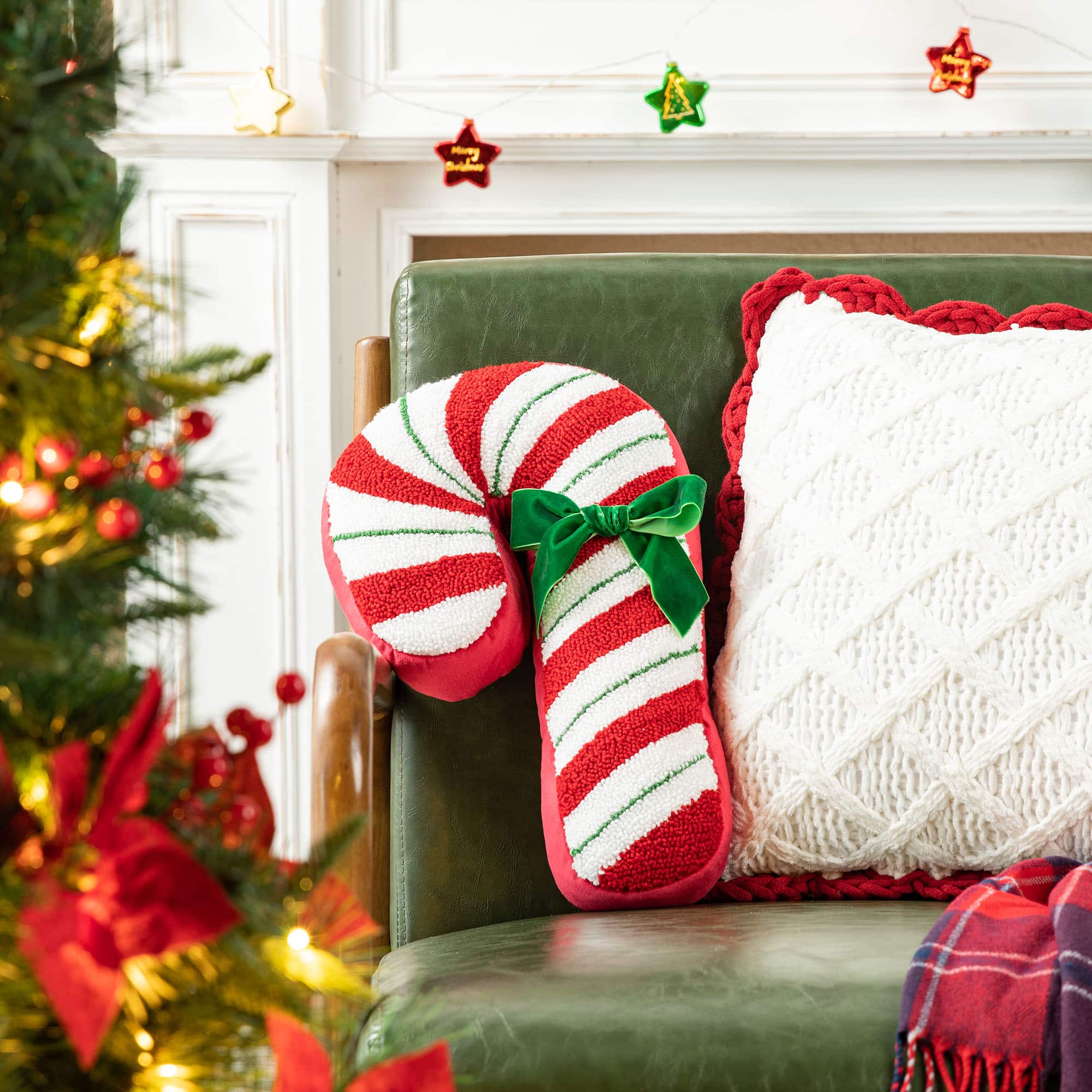 Glitzhome® 15.75" Hooked Christmas Candy Cane Pillow