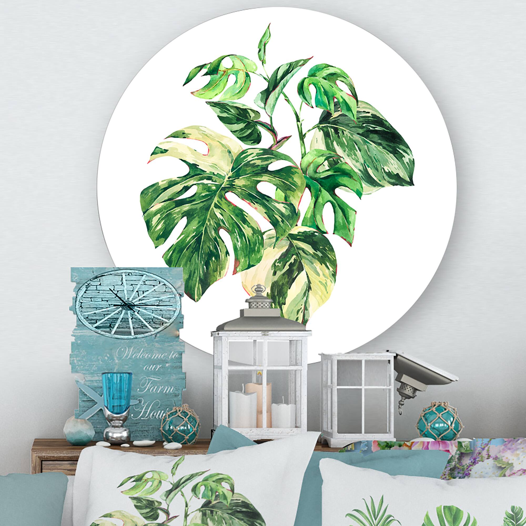 Designart - Tropical Green Leaves In Summer Times I - Tropical Metal Circle Wall Art