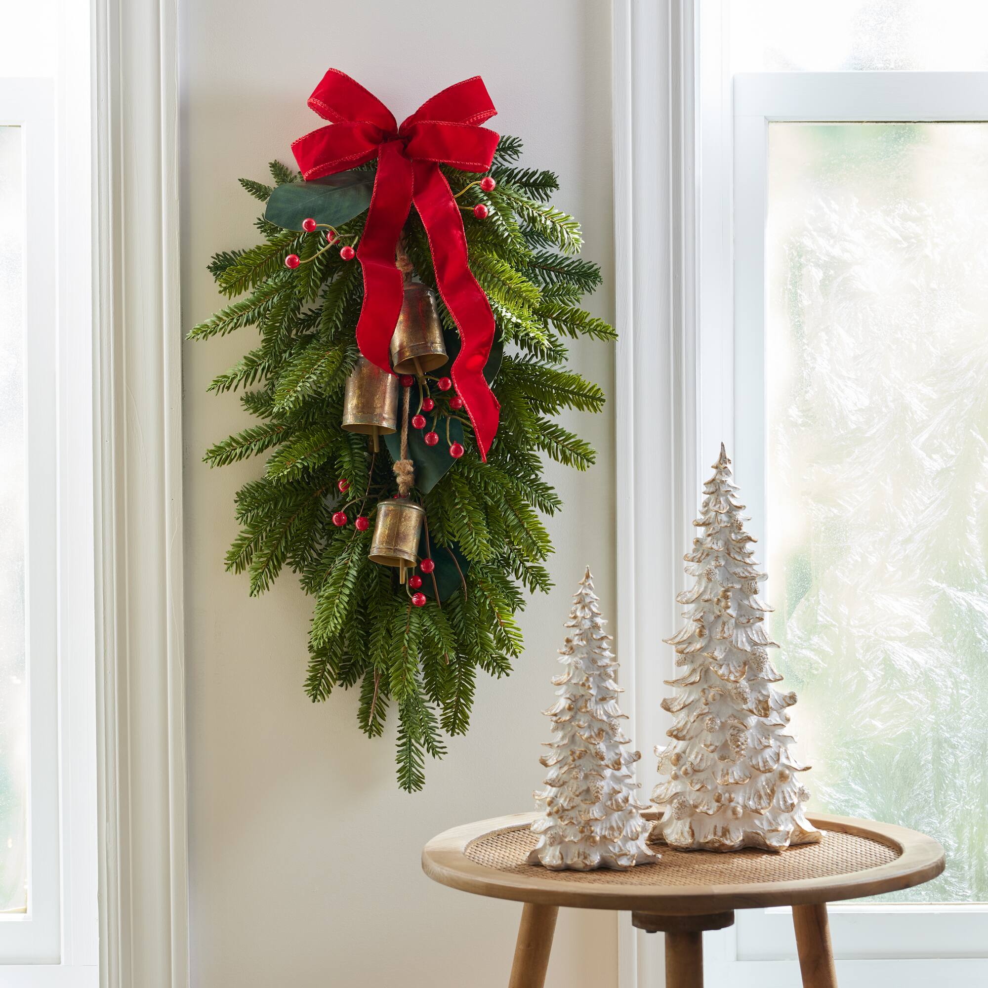 Melrose 32" Green Fresh Touch Pine, Berry with Bells & Bow Swag