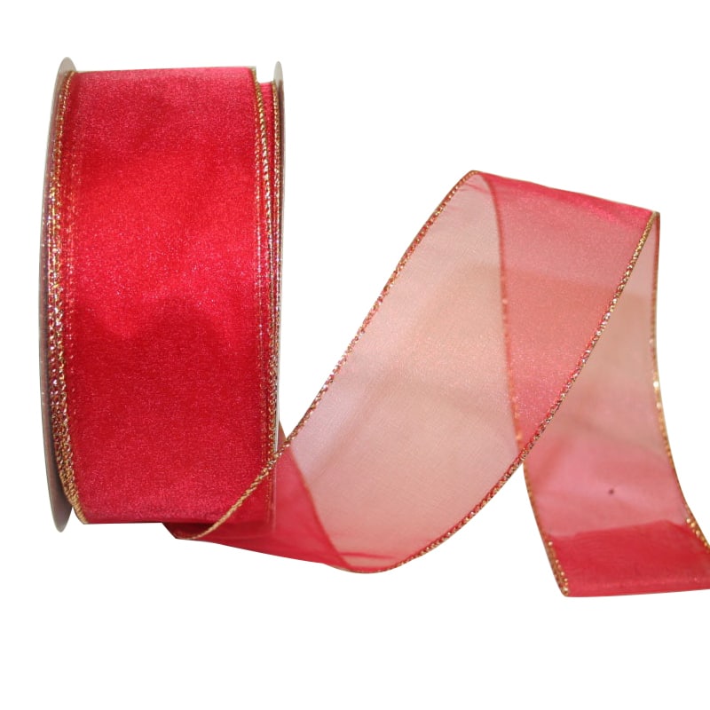 JAM Paper 2.5" x 50yd. Red with Gold Edge Sheer Wired Ribbon