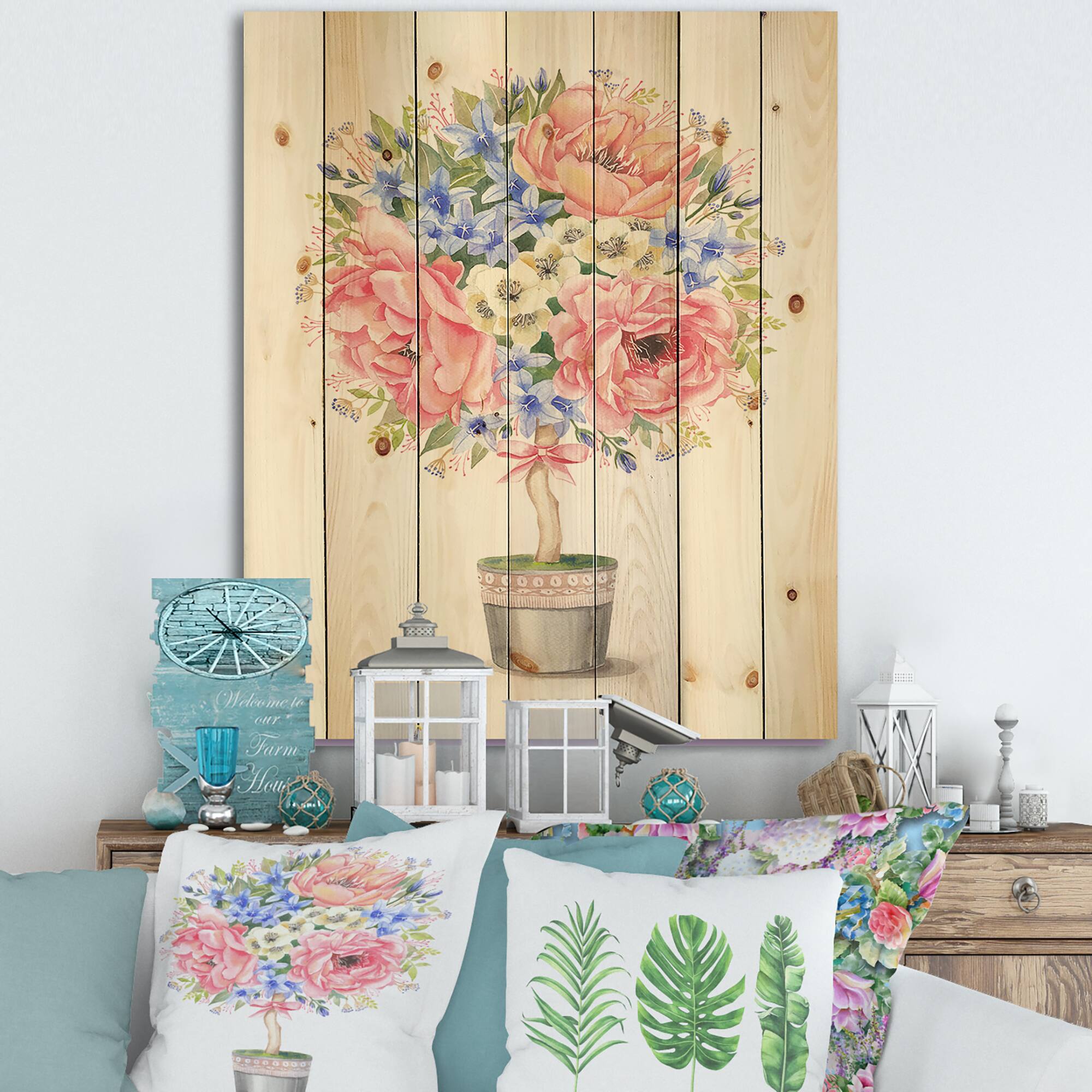 Designart - Flower Tree In A Pot With A Bow - Farmhouse Print on Natural Pine Wood