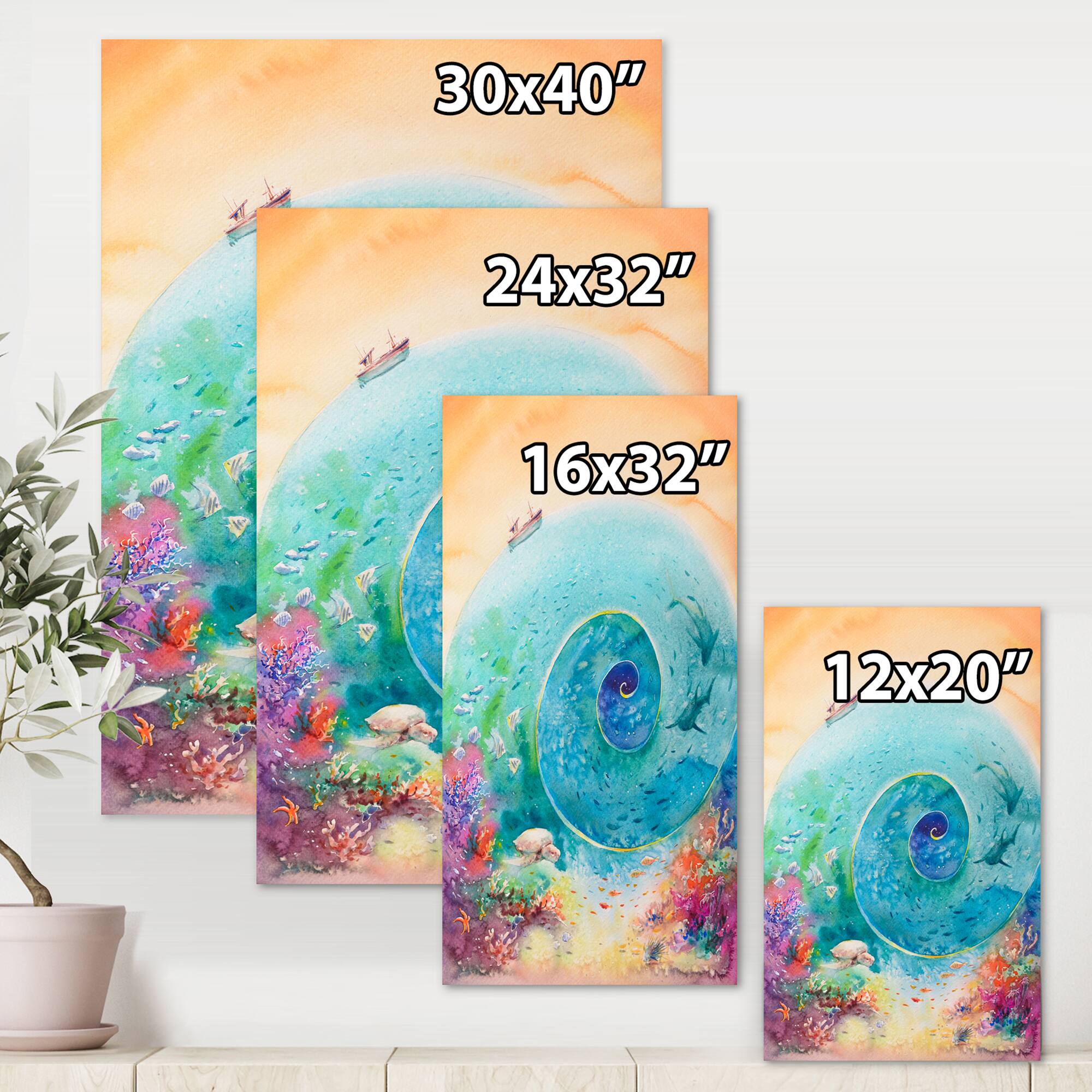 Designart - Turquoise Ocean Spiral With Coral Reef Fishes - Nautical & Coastal Canvas Wall Art Print