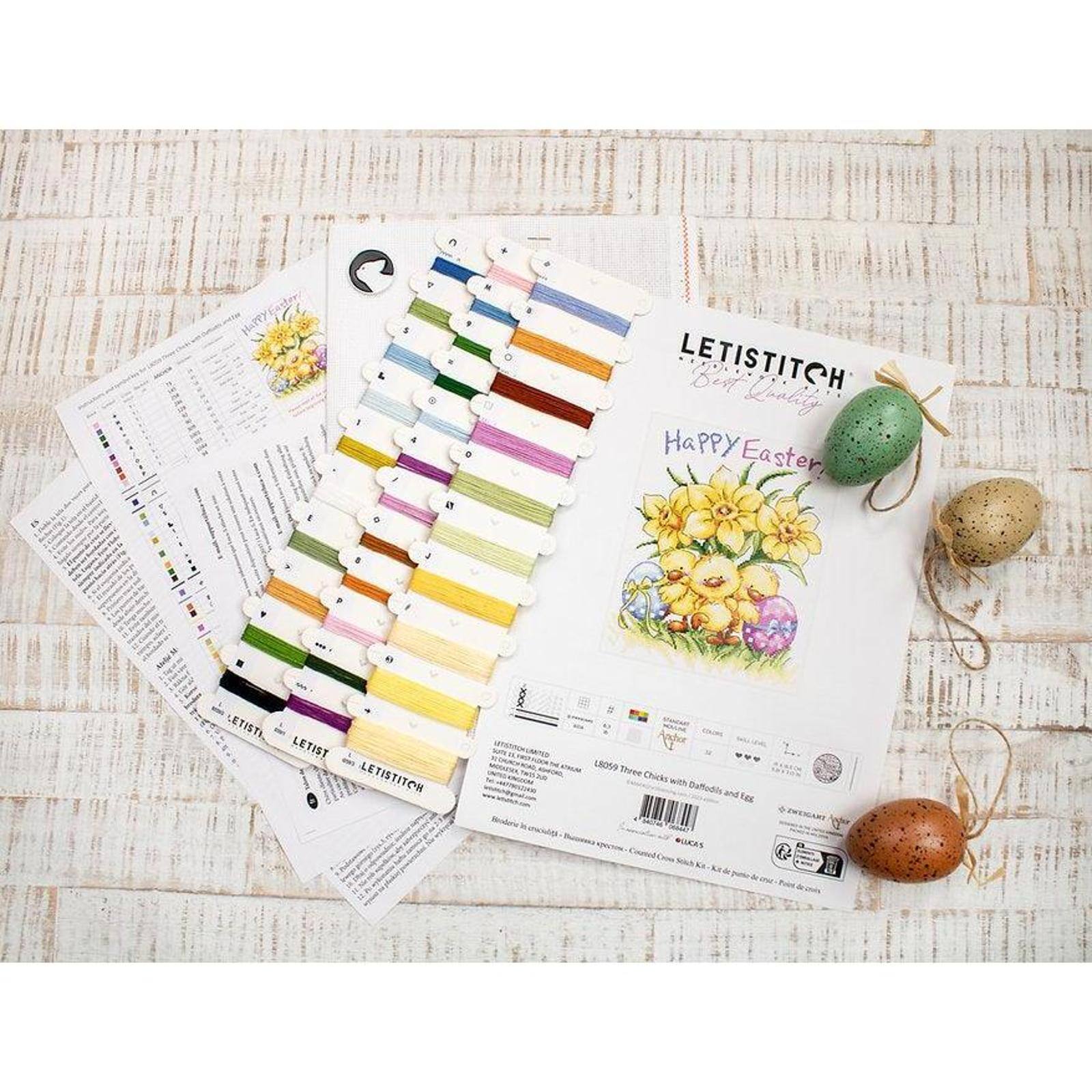 LetiStitch Three Chicks with Daffodils & Egg Counted Cross Stitch Kit