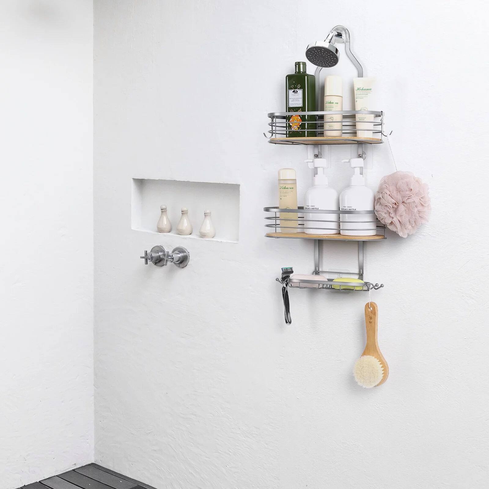 NEX™ Silver Stainless Steel & Bamboo Hanging Caddy Shower Organizer with Hooks