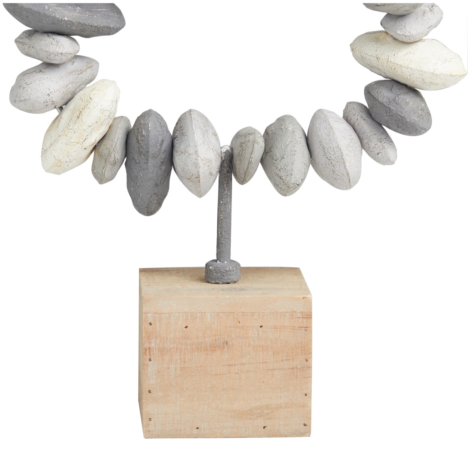 14" Gray Metal Circular Stone Abstract Sculpture with Brown Wooden Base