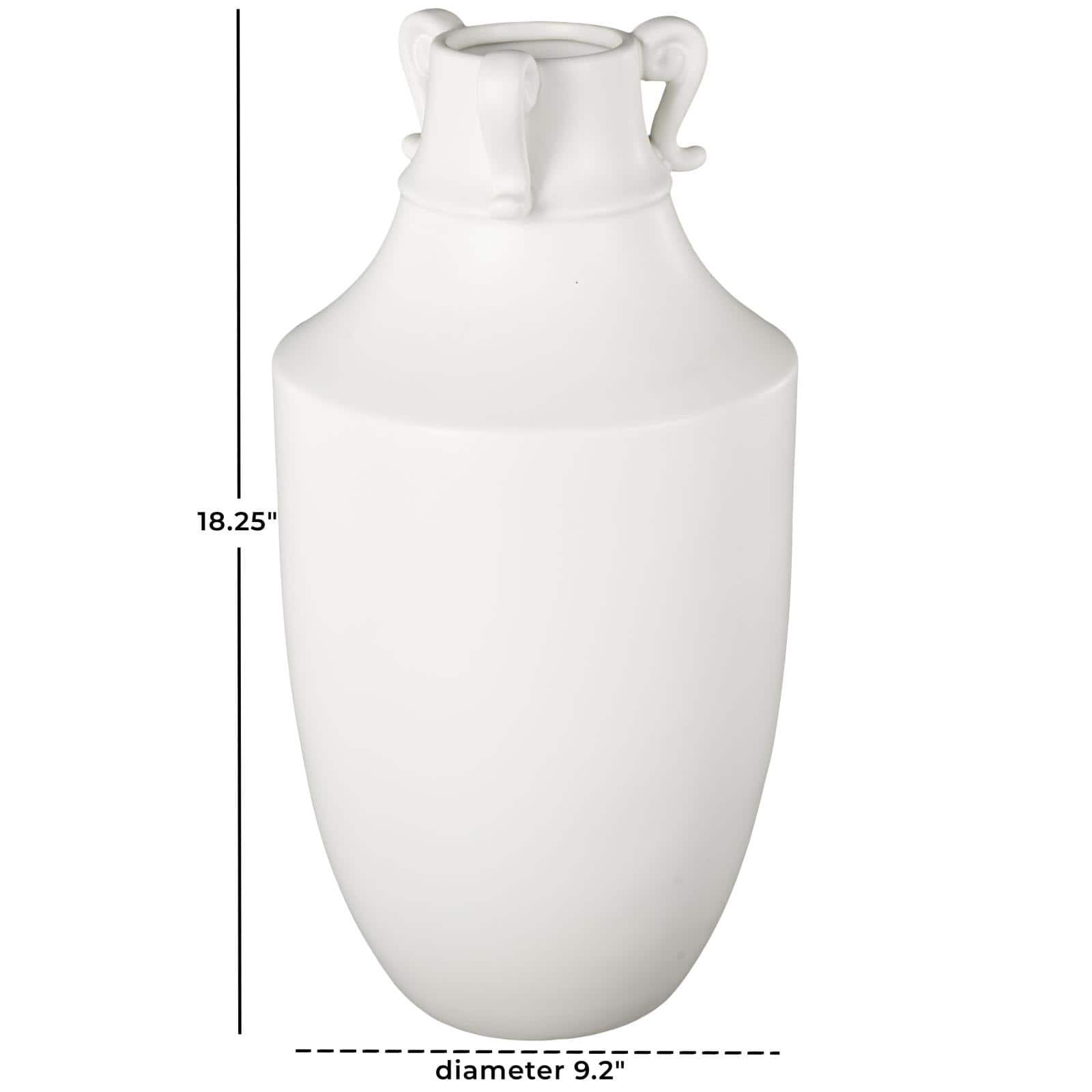 18.25" White Ceramic Sleek Amphora Vase with Scroll Handles