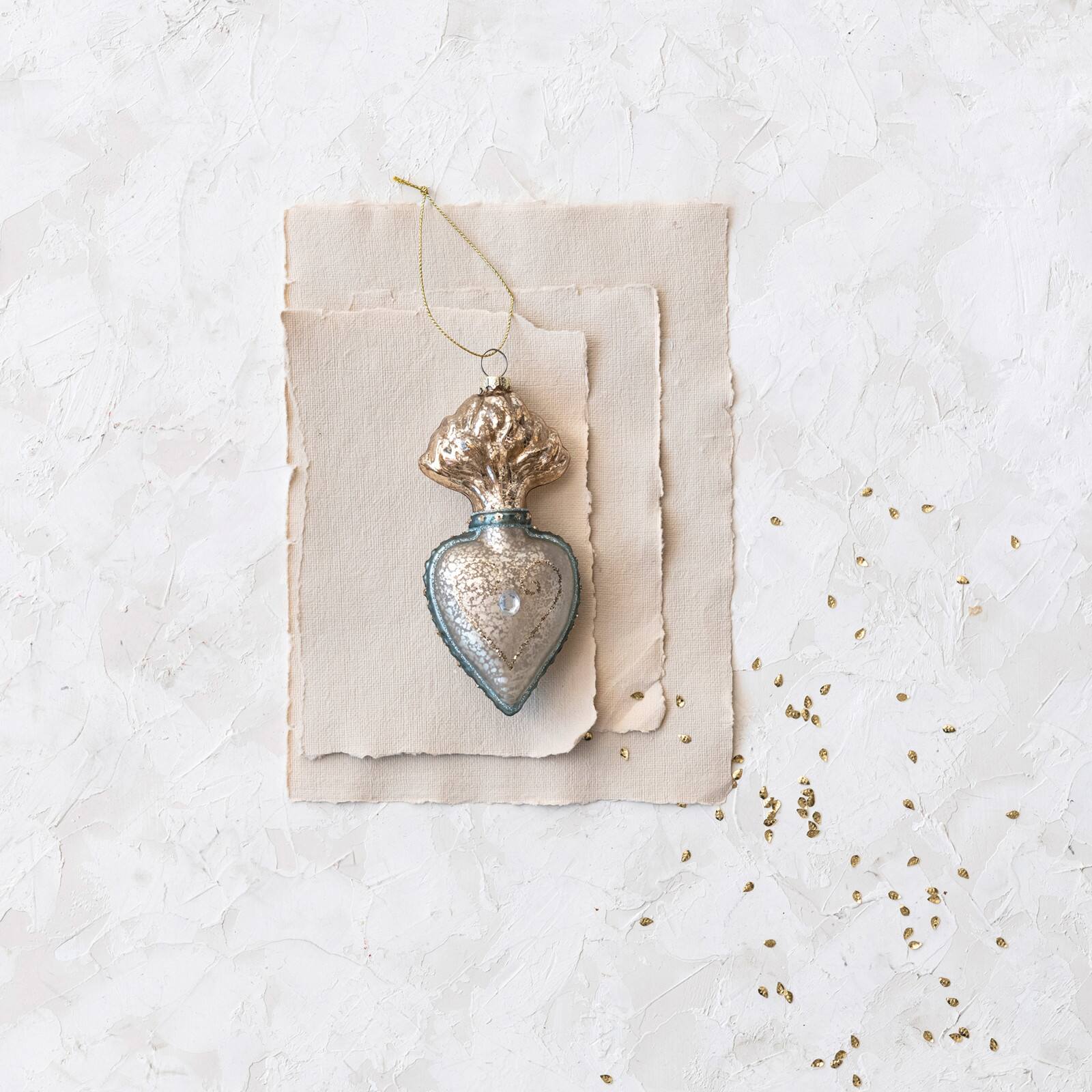 Hello Honey® 5.5" Silver Finish & Aqua Mercury Glass Sacred Heart Ornament with Glitter & Jewel