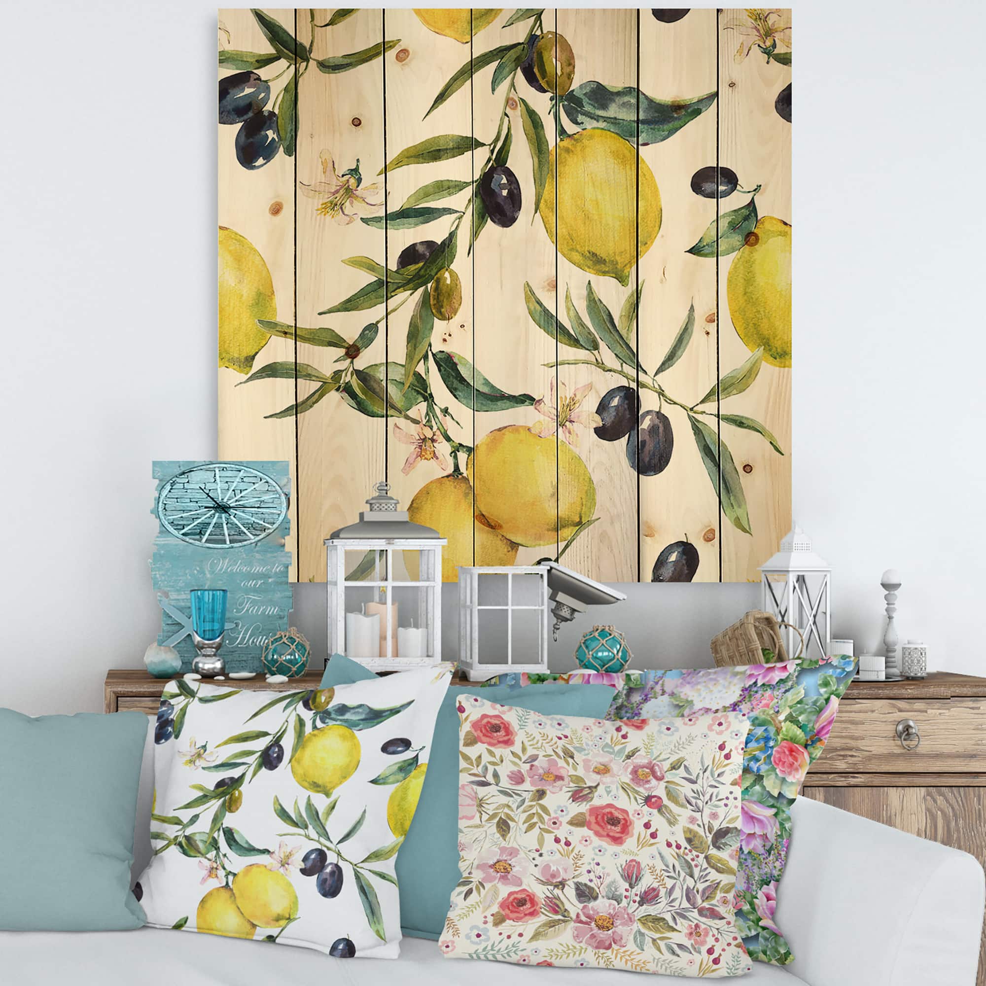 Designart - Lemon and Olive Branches II - Tropical Print on Natural Pine Wood