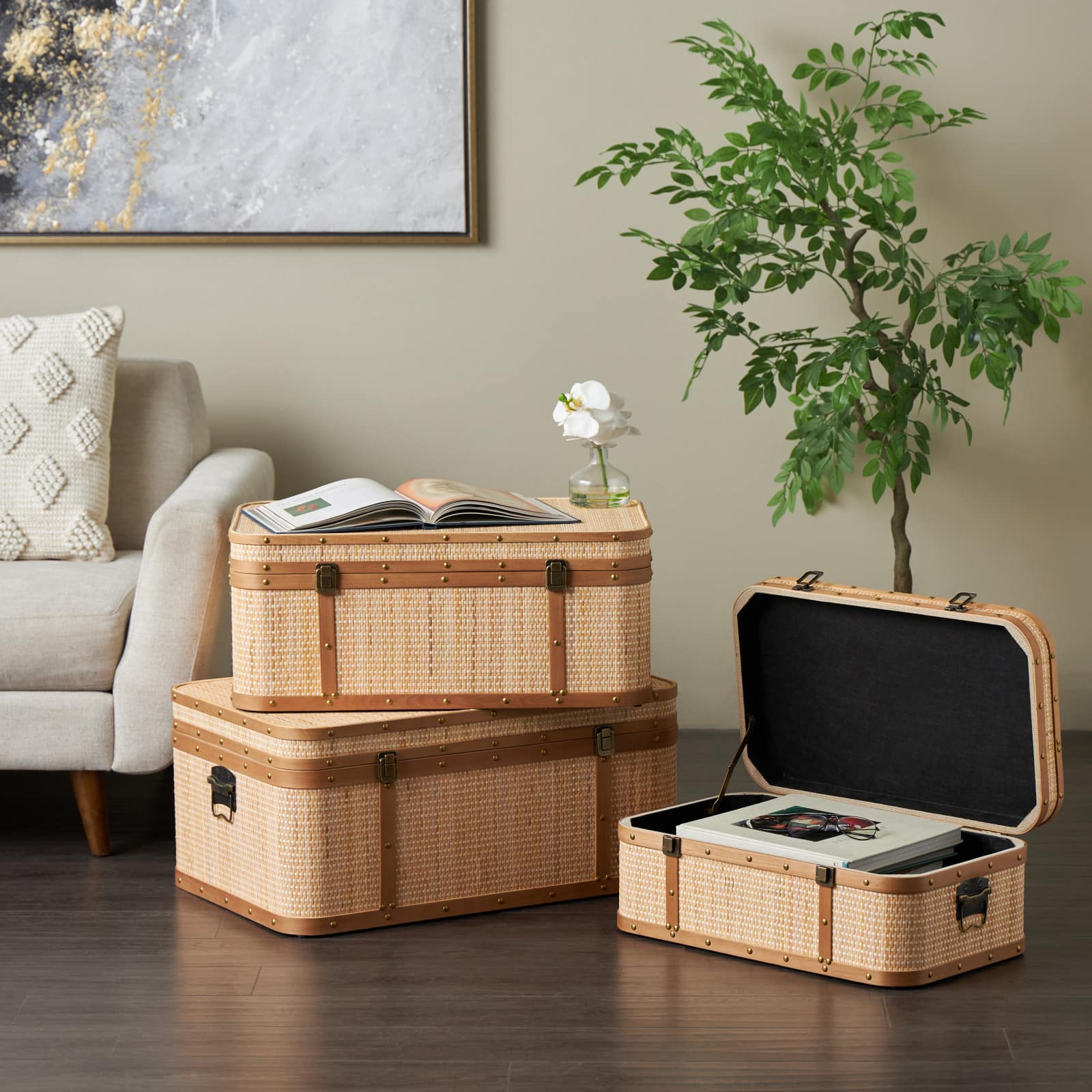 Light Brown Rattan Woven Decorative Trunk Set with Brass Metal Latches & Brown Wooden Accents