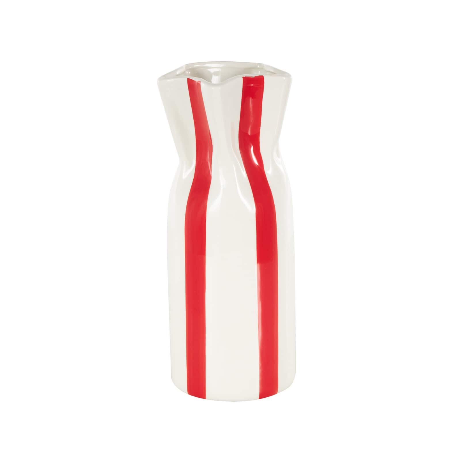 12" White & Red Stripes Round Decorative Ceramic Vase