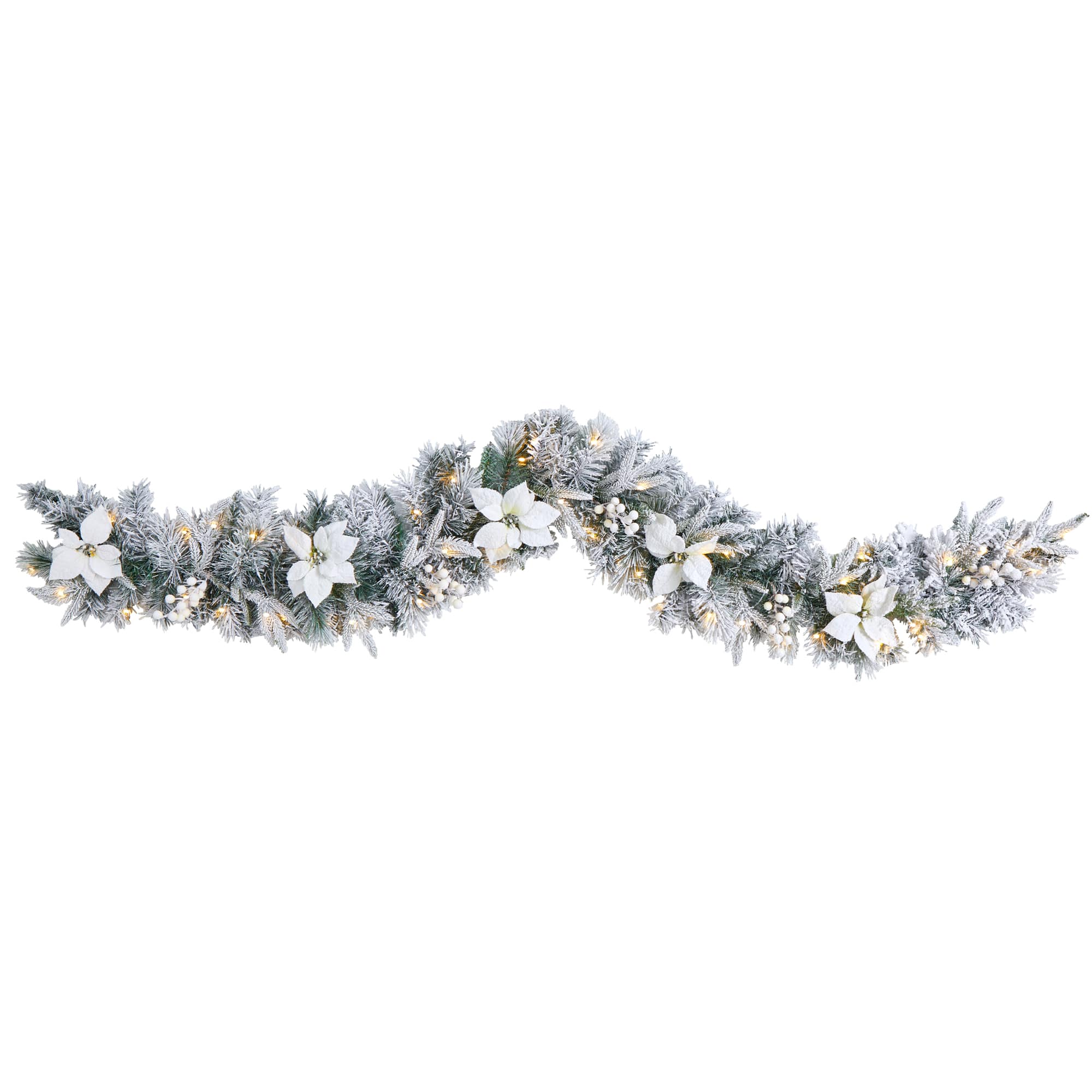 6ft. Pre-Lit LED Flocked Poinsettia & Berry Christmas Garland