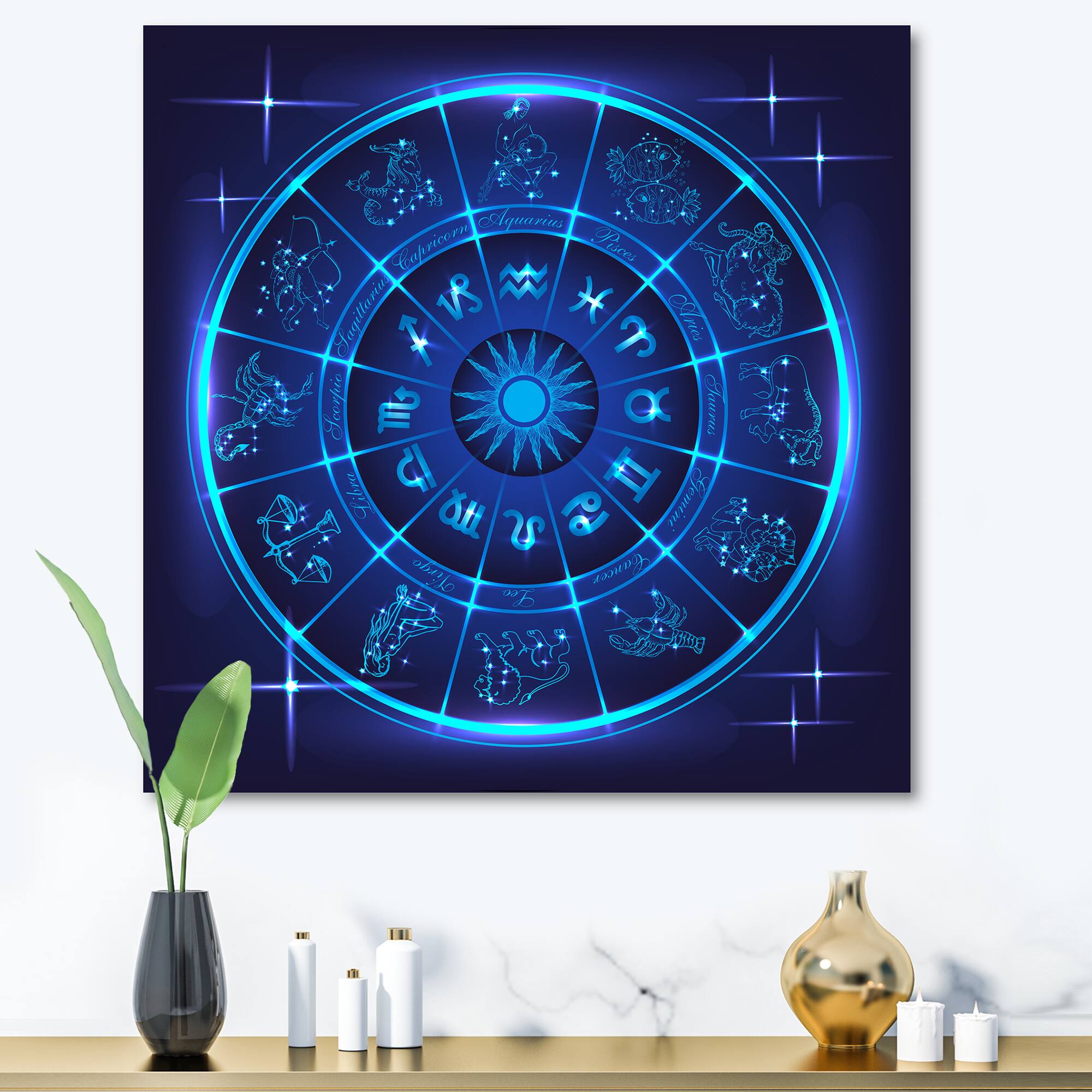 Designart - Neon Deep Blue Horoscope Circle With Zodiac Signs