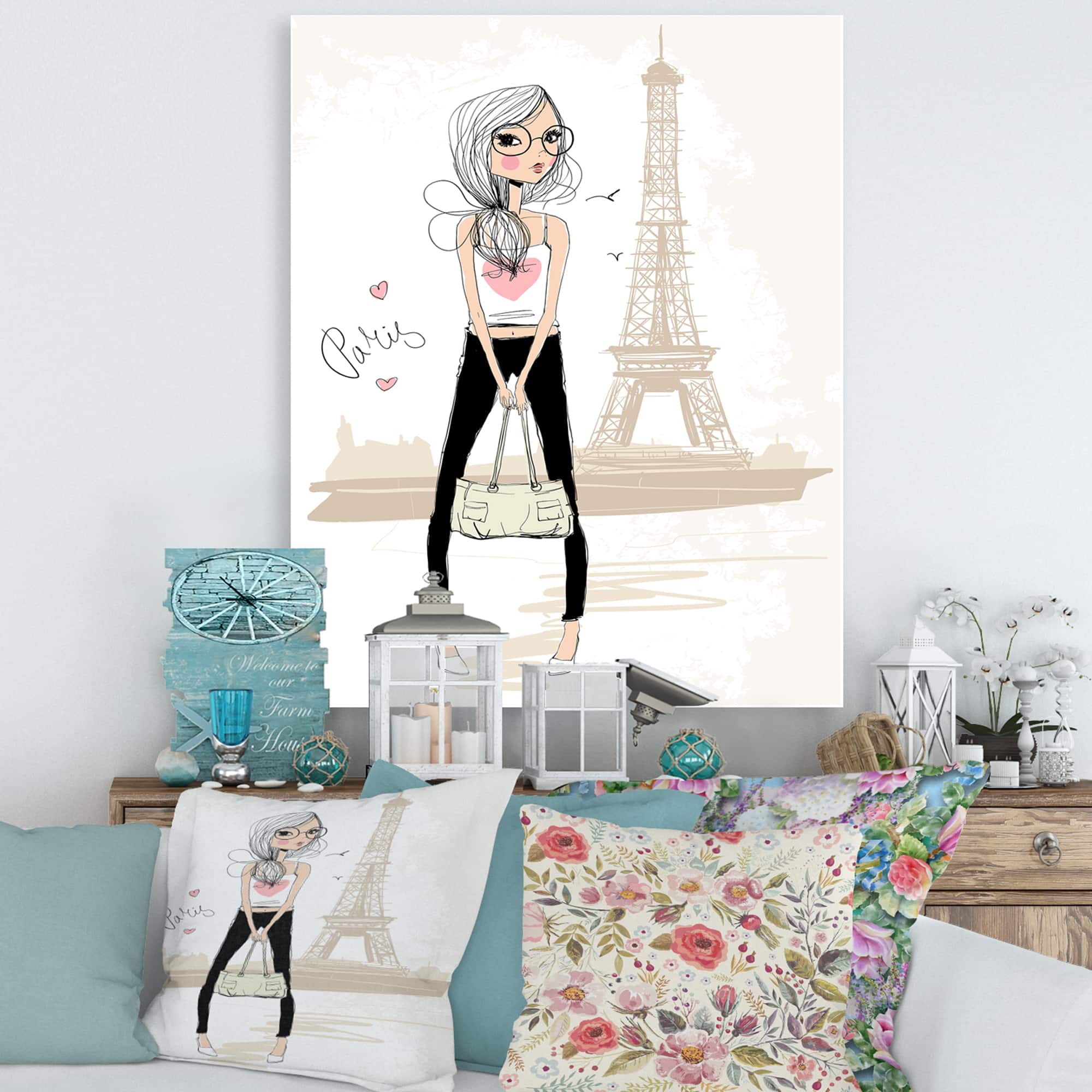 Designart - Cute Girl By The Tour Eiffel In Paris - Children's Art Canvas Wall Art Print