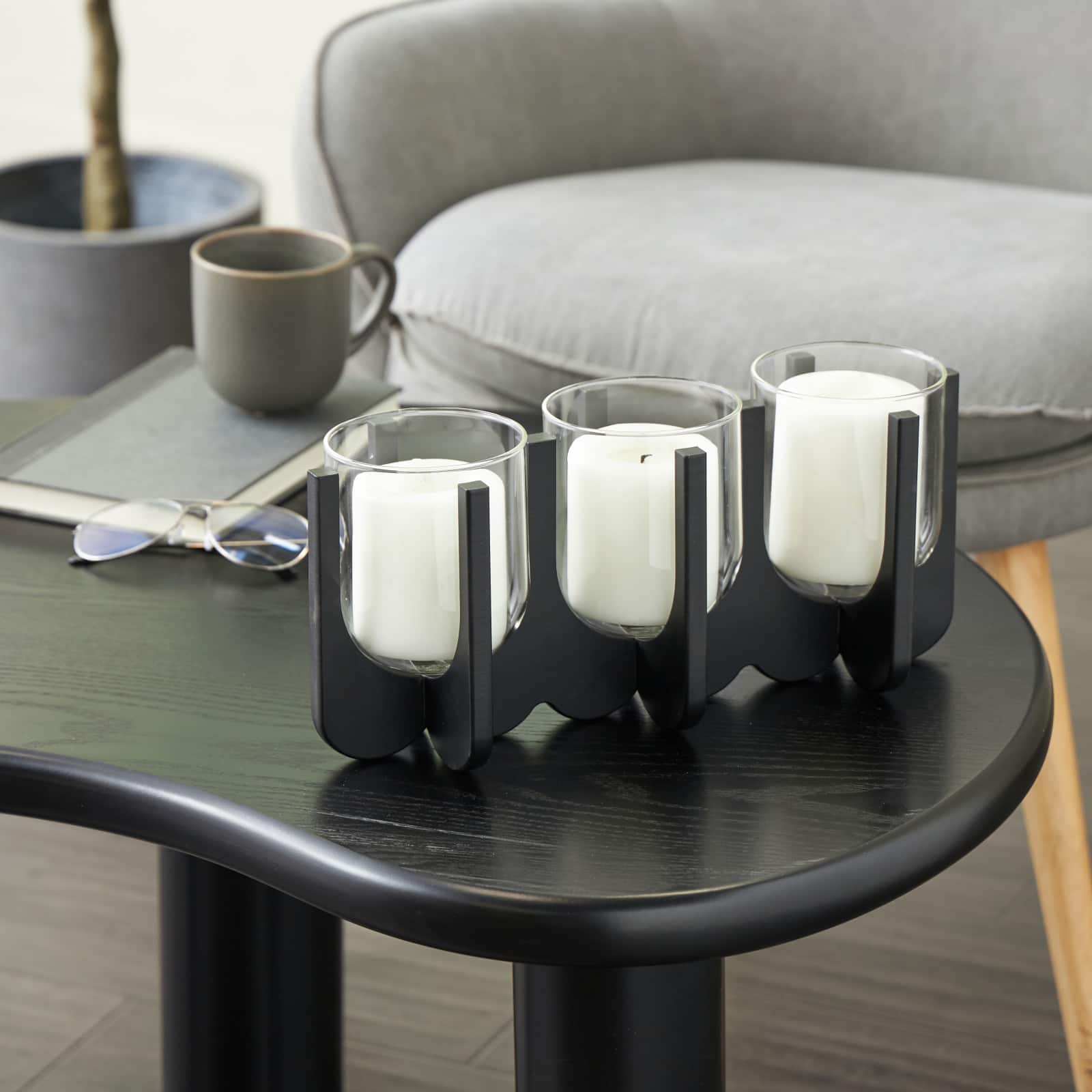 14.25" Black Wood Hurricane 3 Slot Decorative Candle Holder