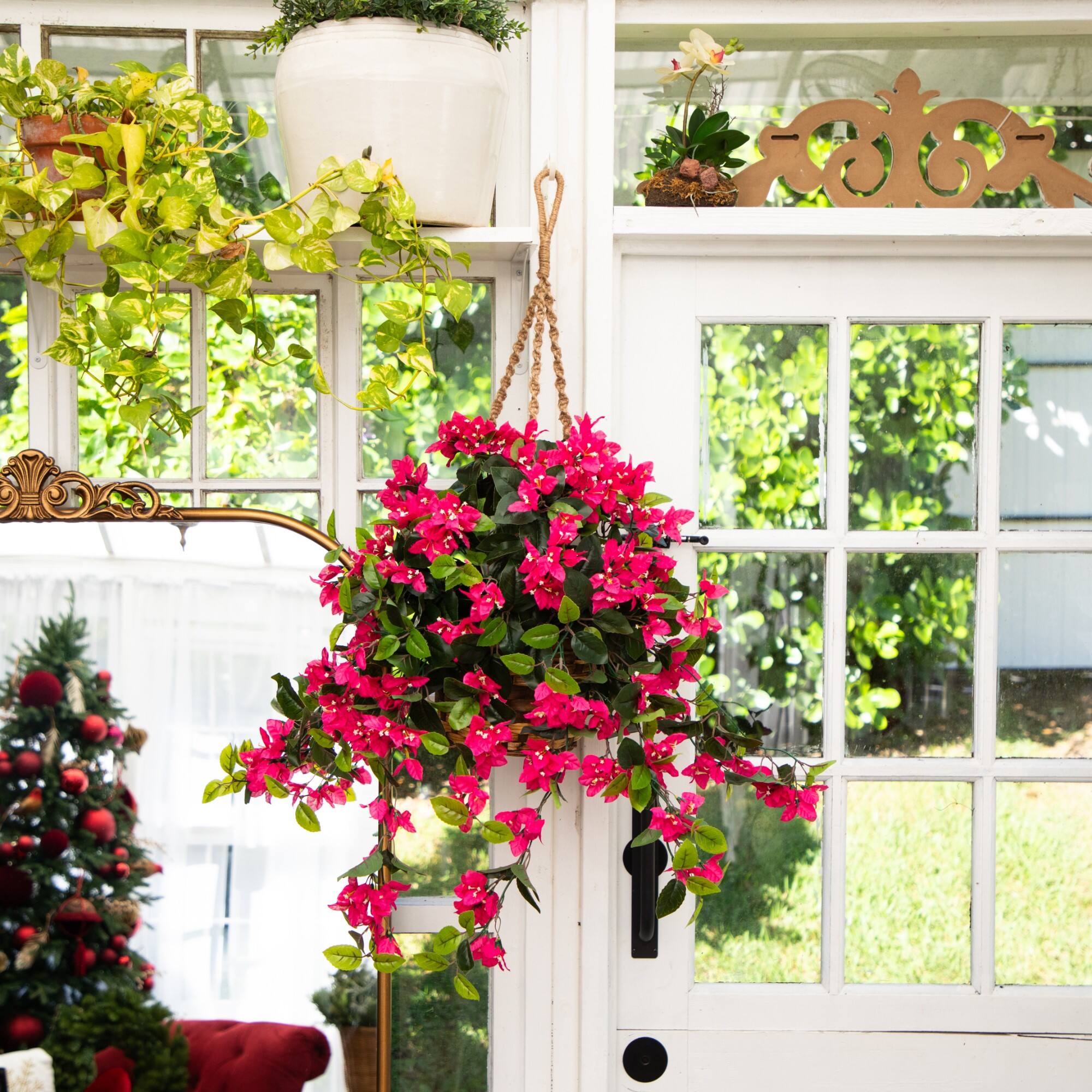 28" UV Resistant Artificial Bougainvillea in Hanging Basket