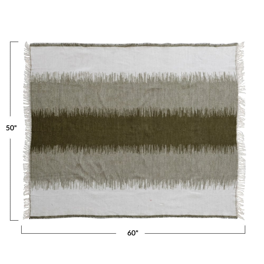 Hello Honey® Green and White Woven Cotton Blend Throw Blanket with Stripes and Fringe