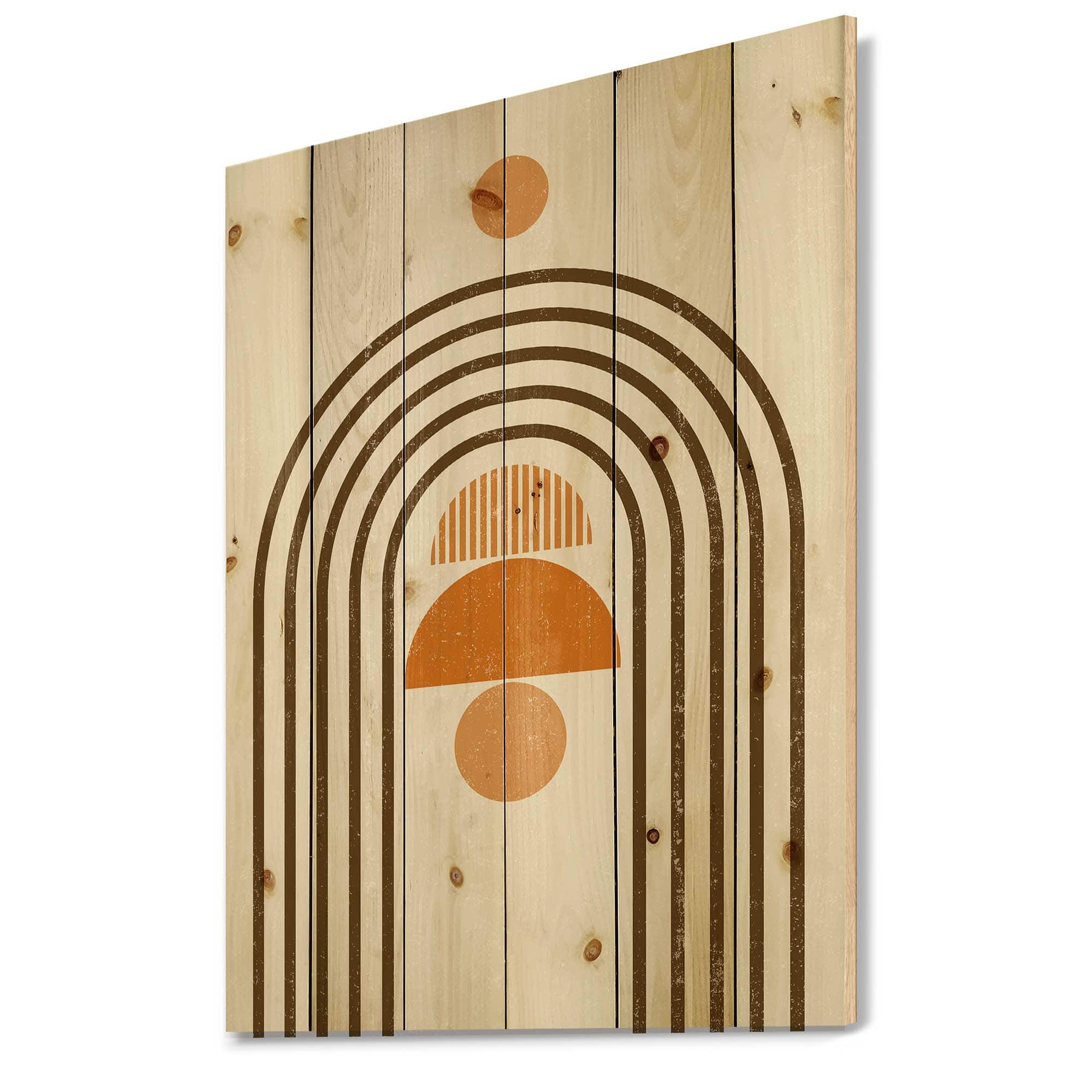 Designart - Abstract Rainbow Sun and Moon In Earth Tones IV - Modern Print on Natural Pine Wood