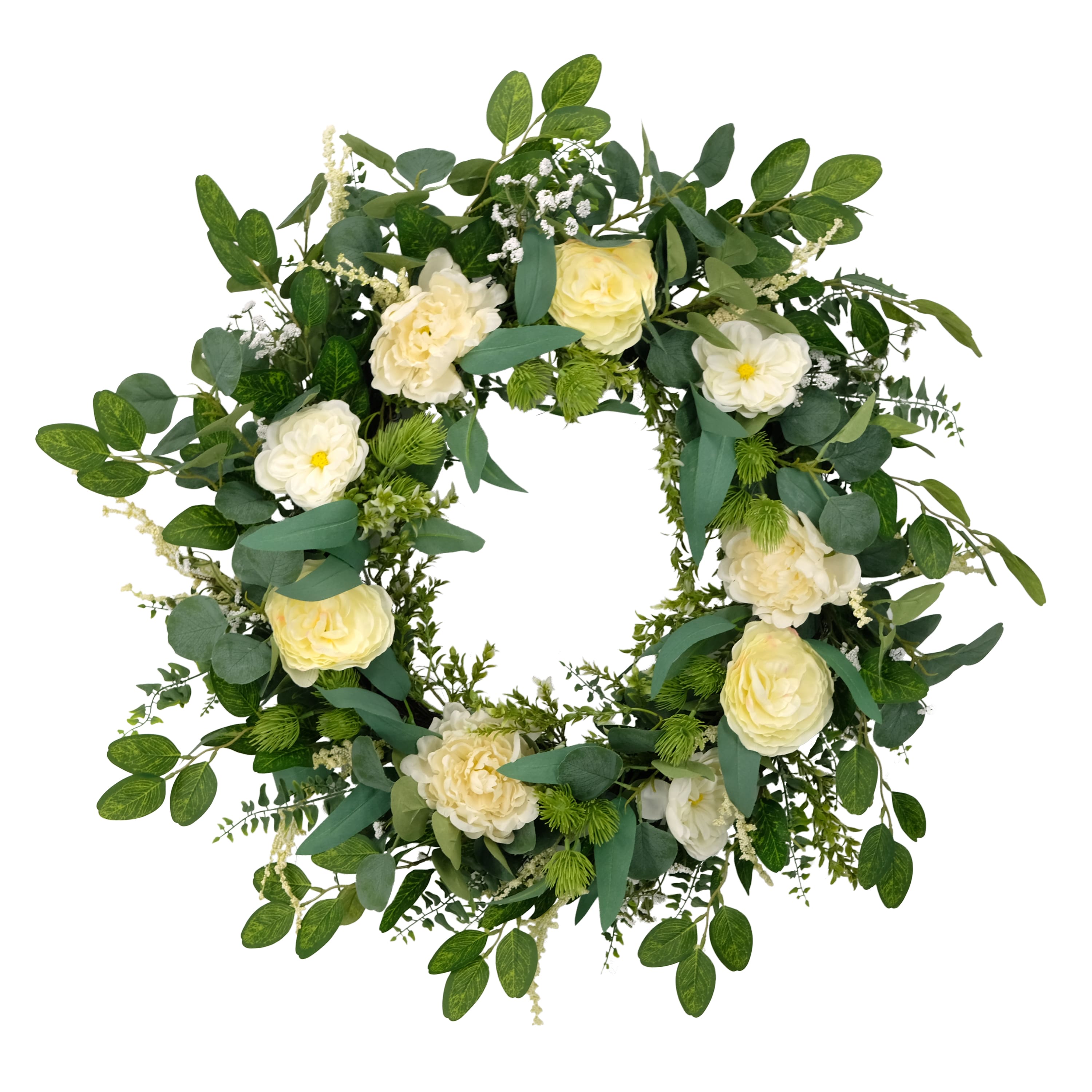 6 Pack: 30'' Green & Ivory Eucalyptus Floral Spring Wreath