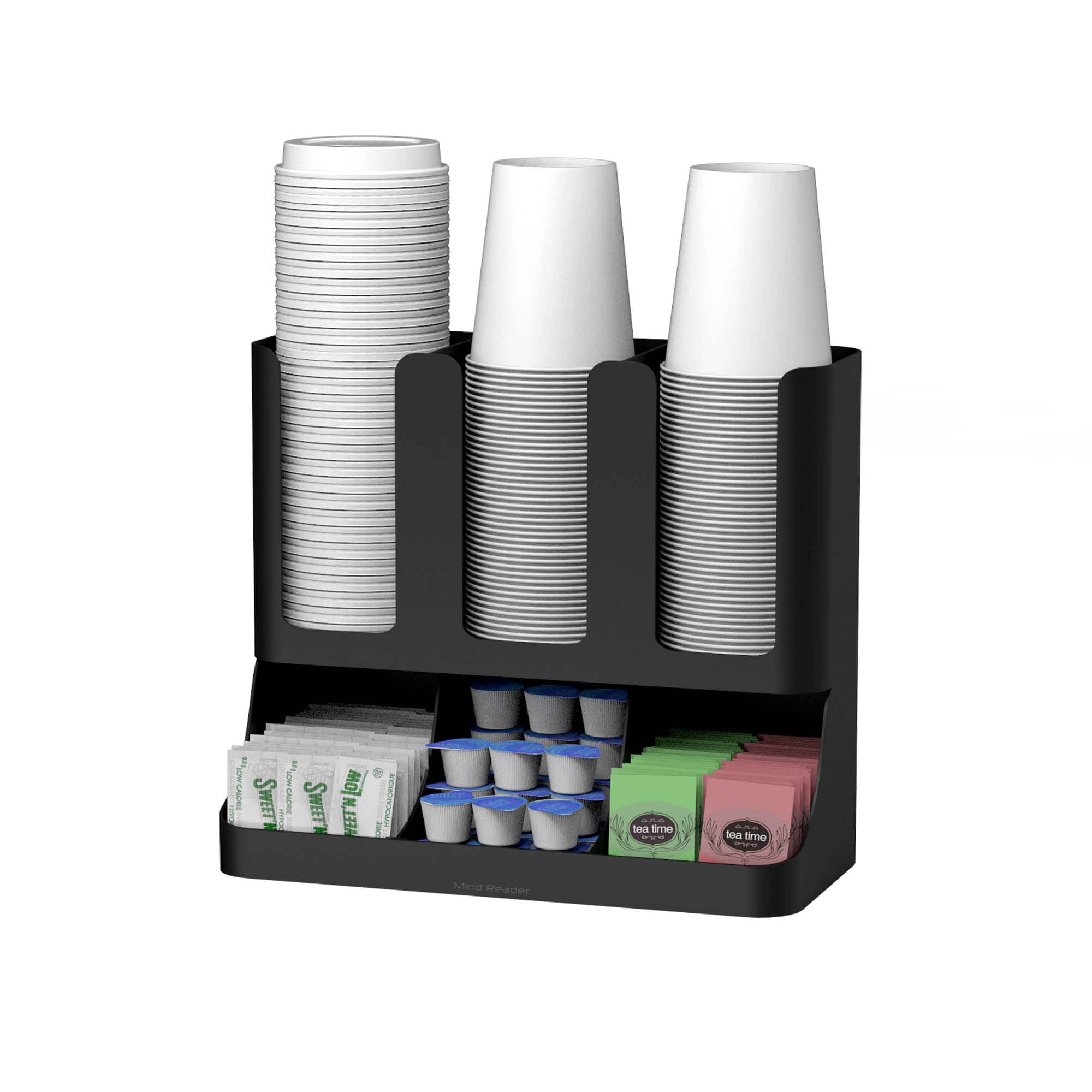 Mind Reader Black 6 Compartment Upright Breakroom Coffee Condiment and Cup Storage Organizer