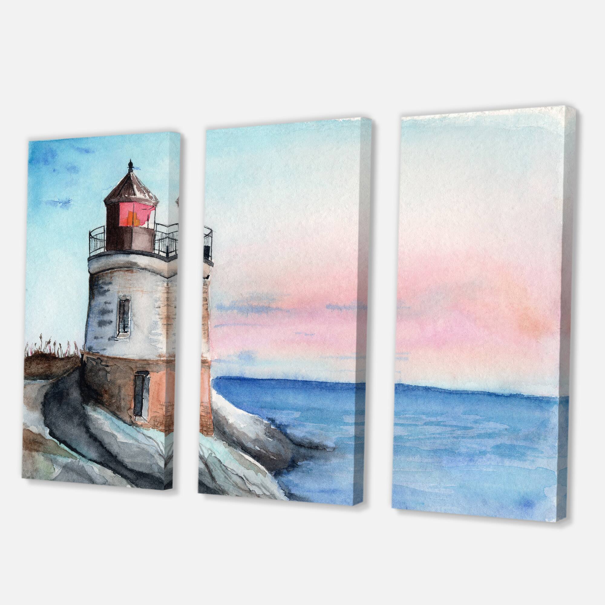 Designart - A Lighthouse On A Rock Shore In Early Morning - Nautical & Coastal Canvas Wall Art Print