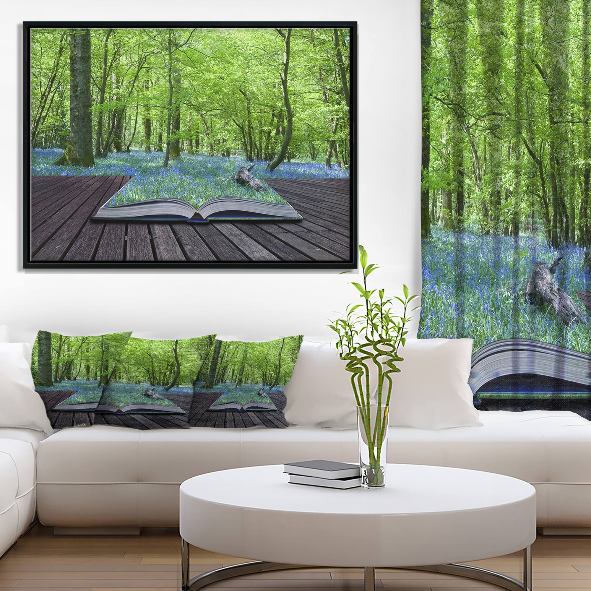 Designart - Open Book to Green Forest - Landscape Canvas Art Print in Black Frame