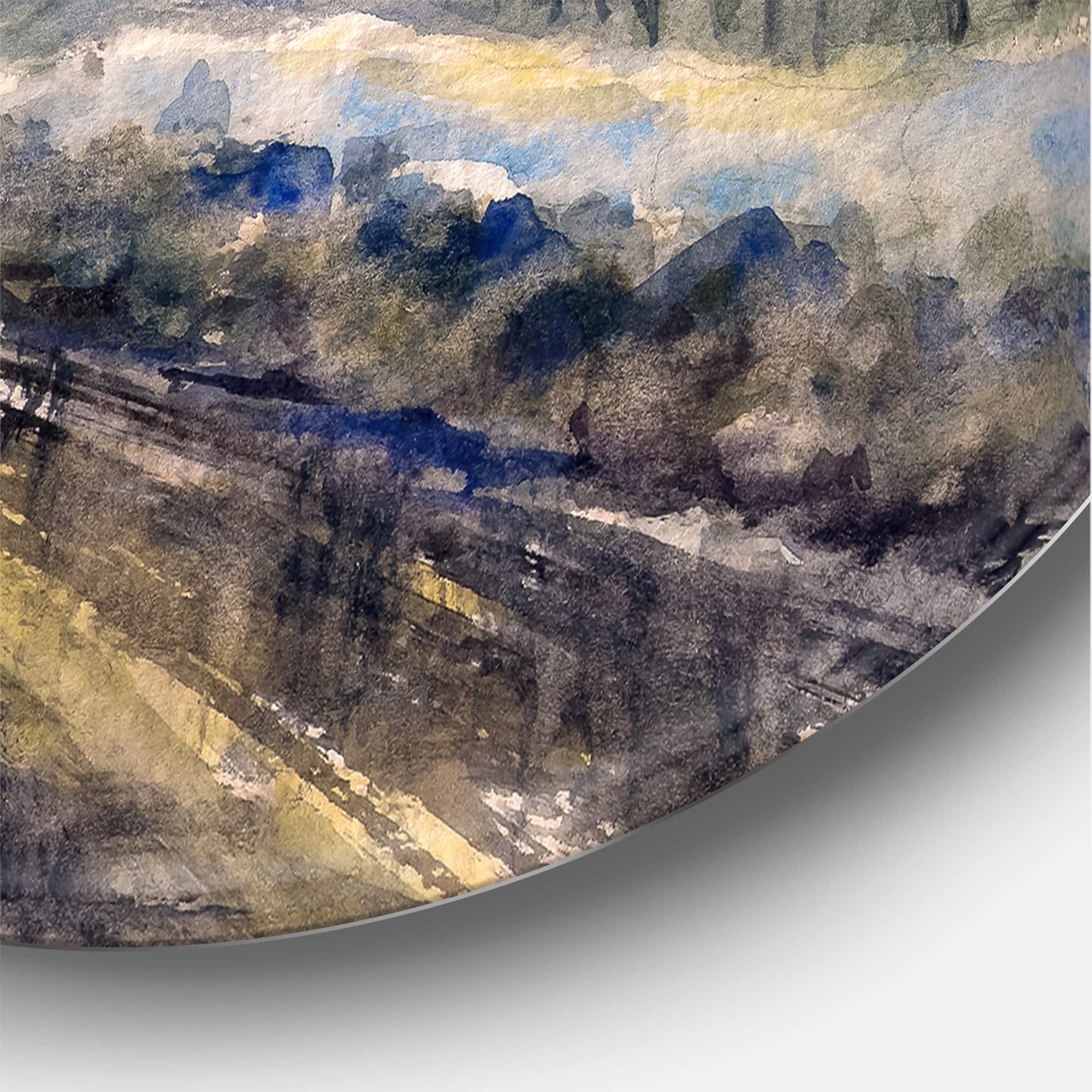 Designart - Winter Landscape With Road Under Bright Sunset - Traditional Metal Circle Wall Art